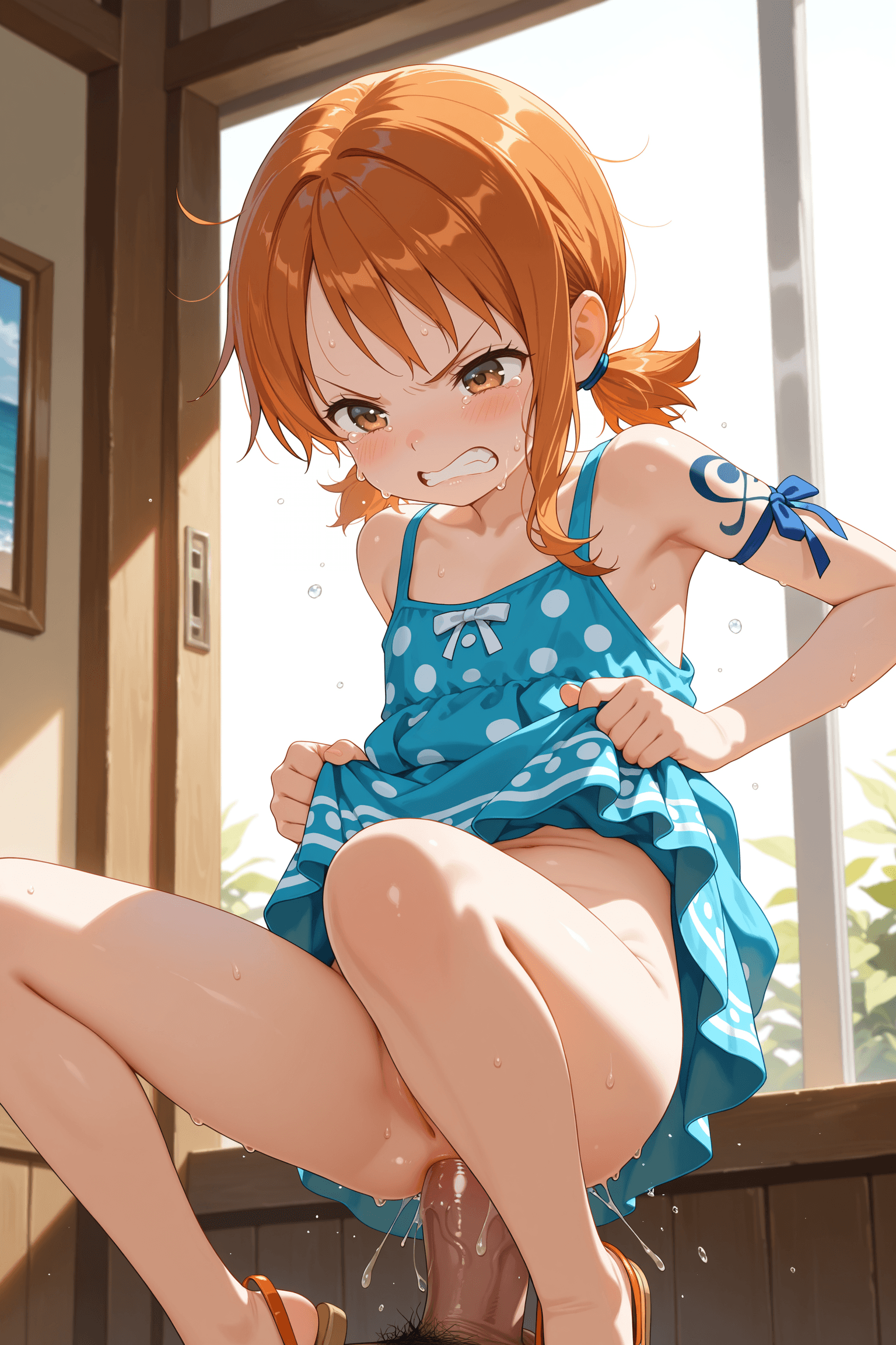 1girl, solo, loli, nami, one_piece, angry, crying, tears, held_by_waist, lifted_up, legs_dangling, sex, anal, stretched_abdomen