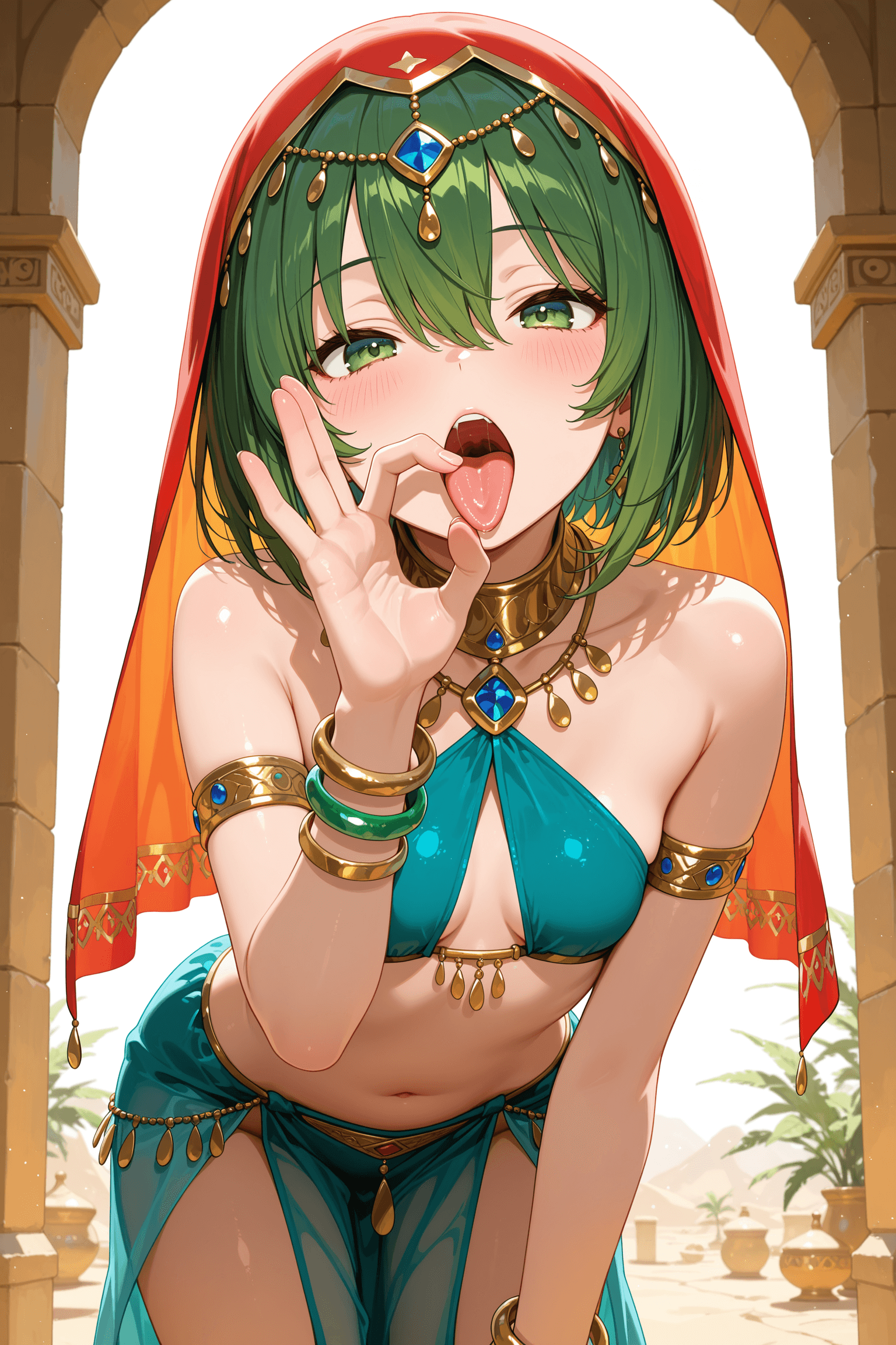 1girl, solo, breasts, looking at viewer, short hair, open mouth, bangs, navel, hair between eyes, bare shoulders, jewelry, green eyes, cowboy shot, small breasts, green hair, tongue, midriff, tongue out, stomach, bracelet, leaning forward, halterneck, veil, pelvic curtain, armlet, bangle, dancer, harem outfit, arabian clothes, fellatio gesture, oral invitation