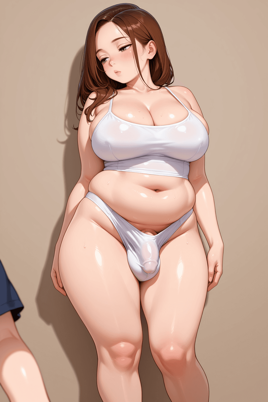 1girl, solo, loli, futanari, chubby milf, short hair, long hair, large breasts, cleavage, navel, thighs, bare legs, standing, solo focus, simple background, futanari