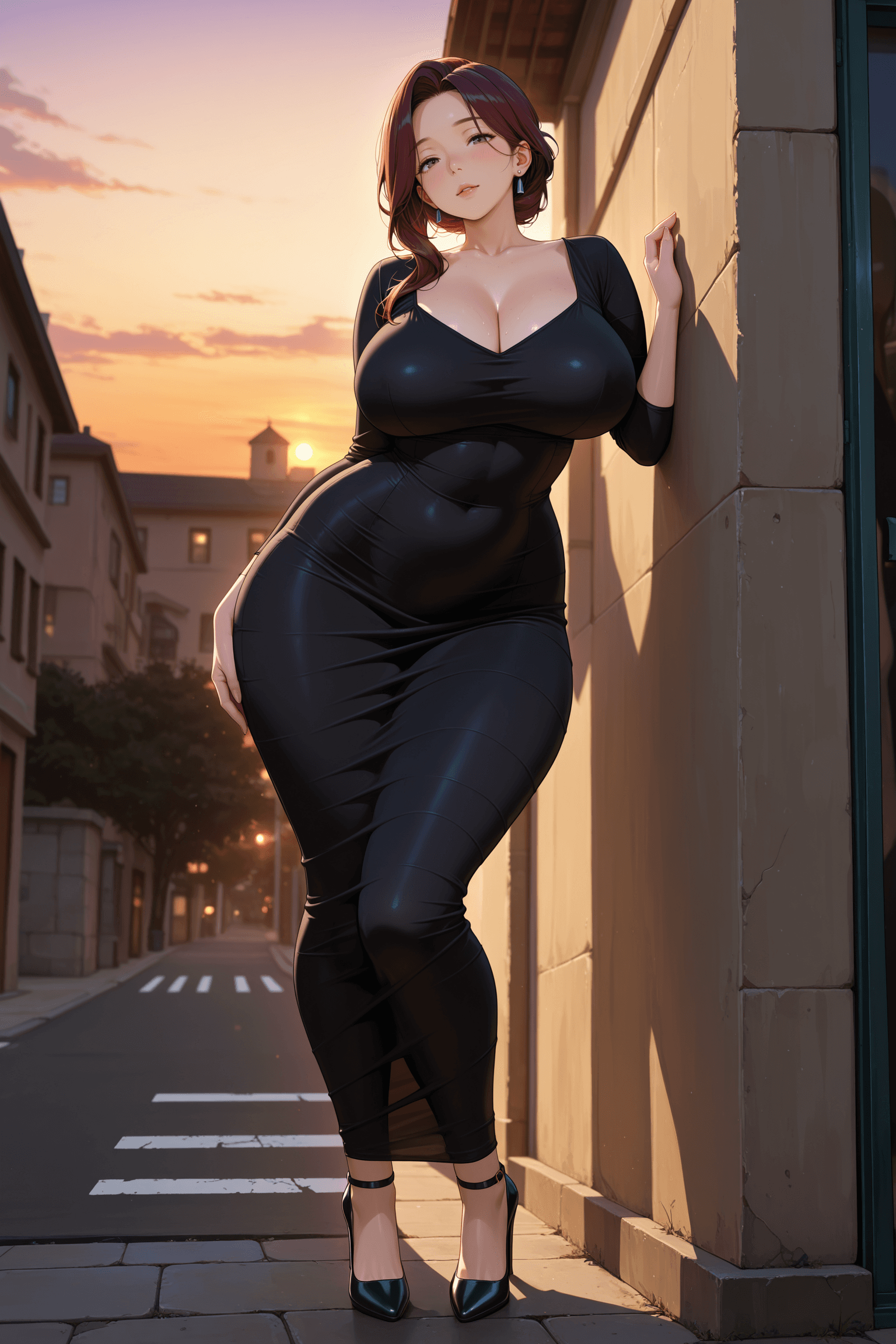 1girl, solo, mature female, large breasts, wide hips, curvy, black dress, knee-length dress, tight dress, black high heels, high heels, leaning against wall, standing, evening, outdoors, street