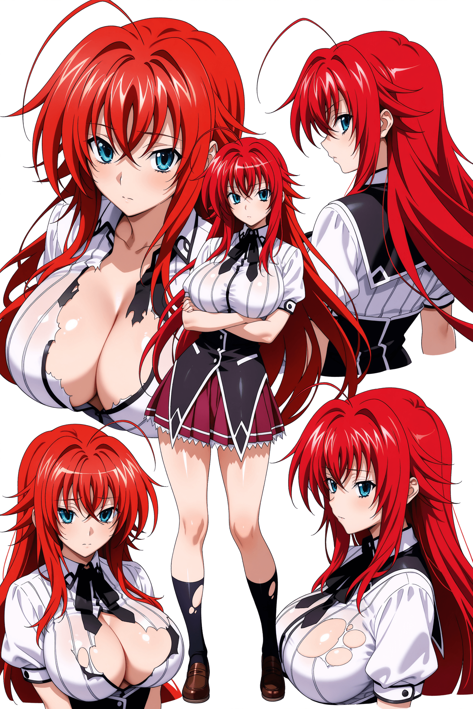 rias gremory, high school dxd, 1girl, solo, long hair, red hair, ahoge, blue eyes, large breasts, sailor uniform, school uniform, blouse, pleated skirt, ribbon, torn clothes, cleavage, character sheet, multiple views, from front, from side, from back, upper body, full body, simple background, white background