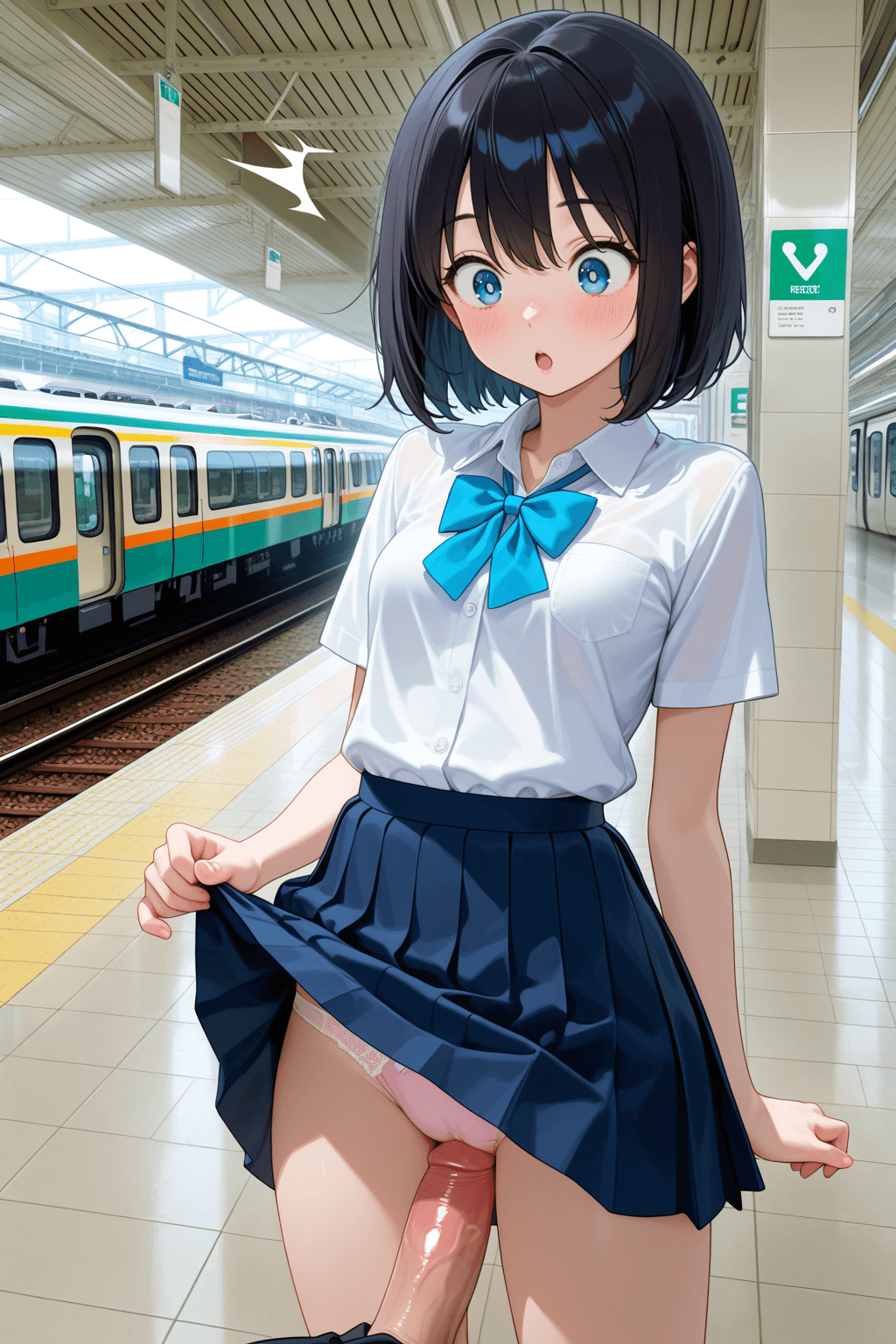 1girl, solo, schoolgirl, short hair, black hair, blue eyes, small breasts, short skirt, pleated skirt, school uniform, skirt lift, panties, underwear, standing, penetration, penis, standing on penis, surprise, surprised, wide eyes, metro, train station, platform, pillars, subway, tiles, clean background, front view