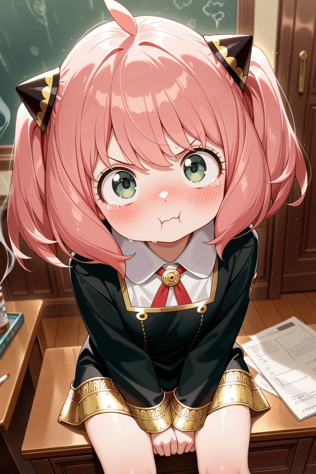 1girl, solo, anya forger, spy x family, school uniform, pink hair, short hair, twintails, ahoge, green eyes, cigarette, smoking, looking at viewer, embarrassed, pout, tears, indoors, room