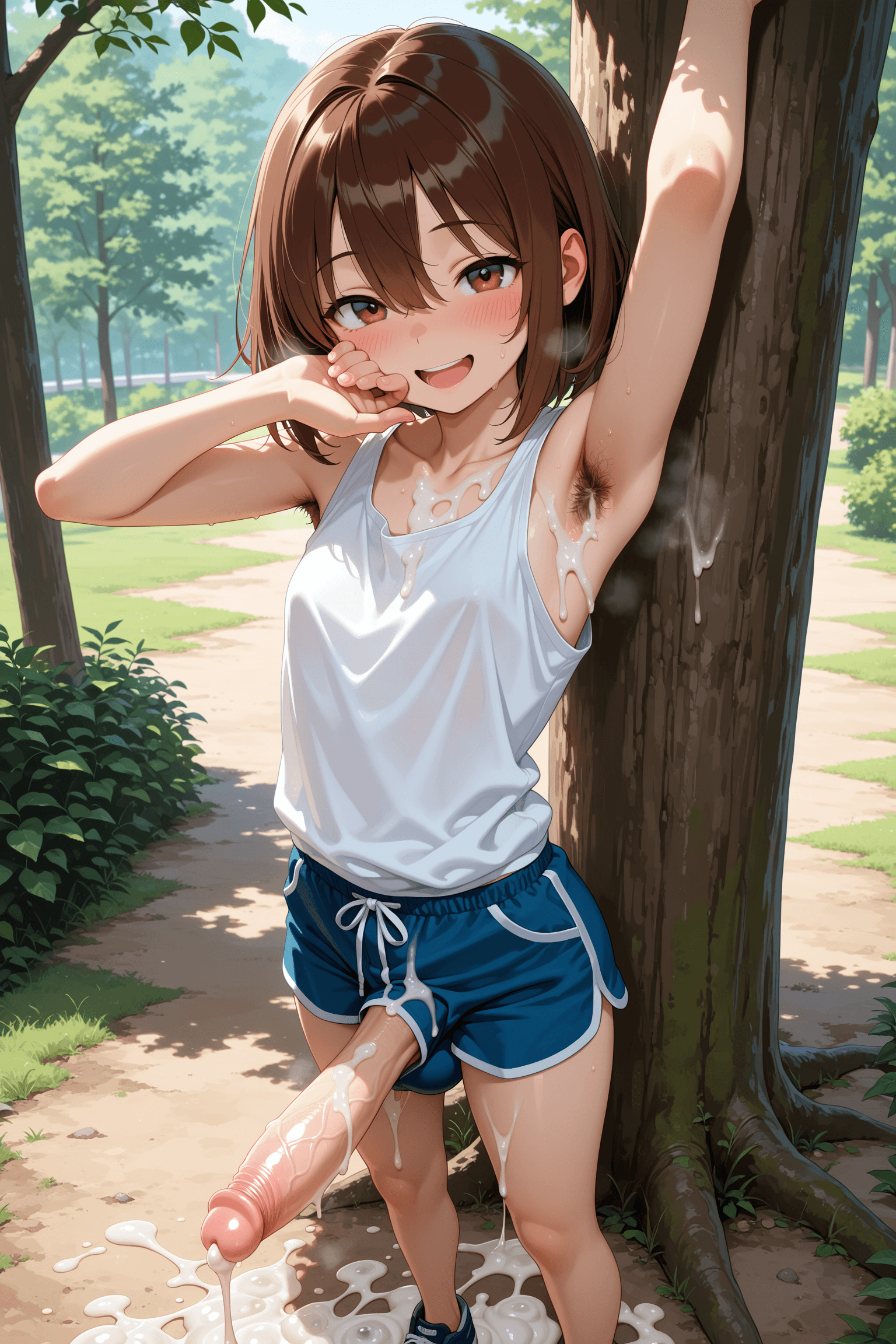 solo, 1girl, futanari, female focus, looking at viewer, blush, smile, open mouth, bangs, hair between eyes, brown hair, brown eyes, standing, collarbone, white shirt, tank top, blue shorts, sleeveless, armpits, armpit hair, bare arms, arm up, outdoors, day, tree, big penis, fellatio, semen, semen on body, semen on floor