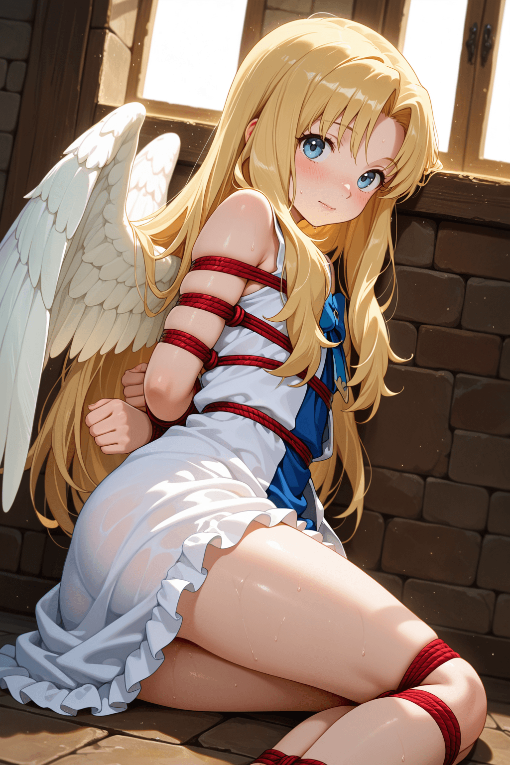 1girl, solo, filo, tate no yuusha no nariagari, bondage, blonde hair, long hair, blue eyes, white wings, wings, filolial, bird girl
