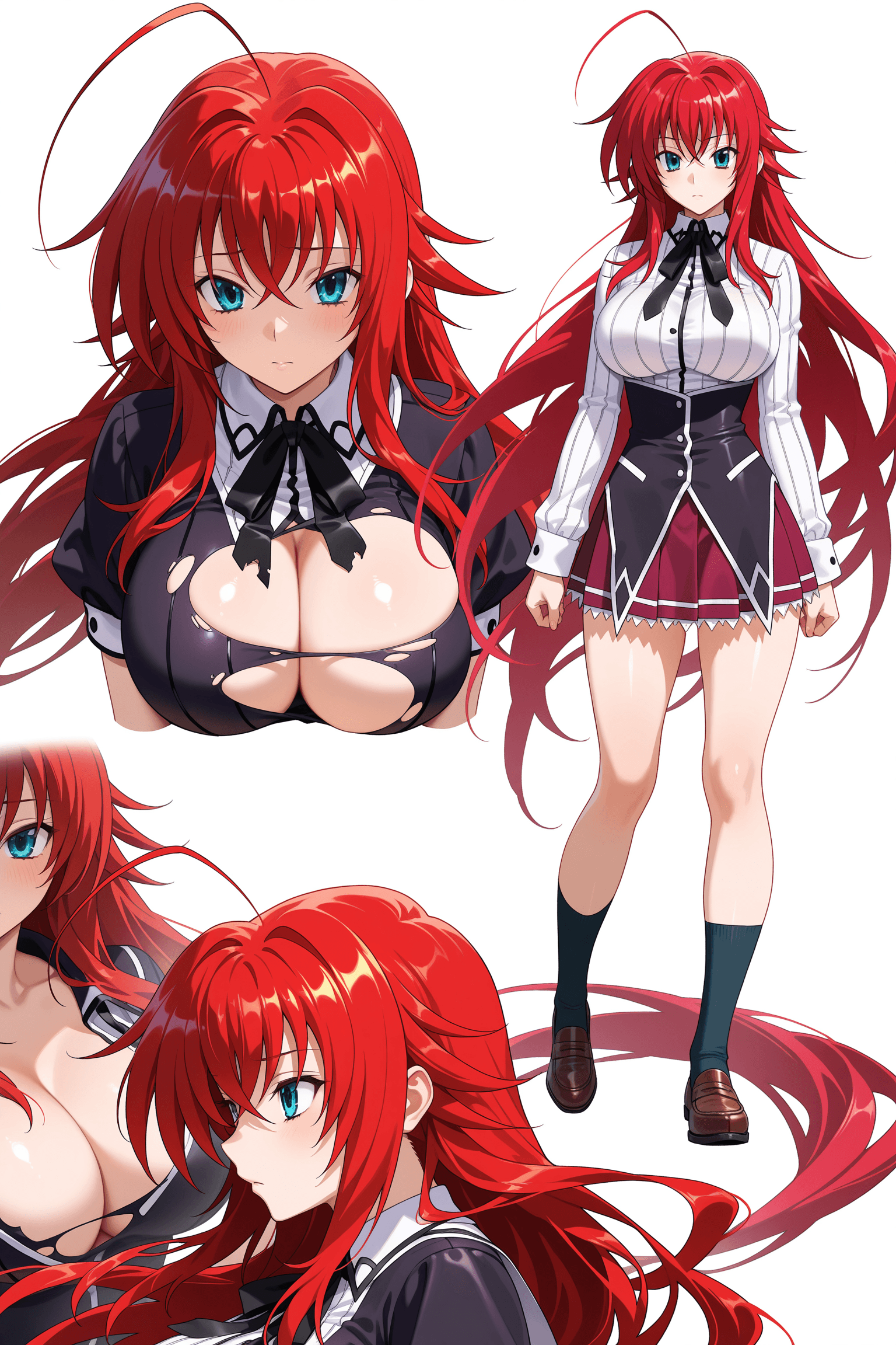 rias gremory, high school dxd, 1girl, solo, long hair, red hair, ahoge, blue eyes, large breasts, sailor uniform, school uniform, blouse, pleated skirt, ribbon, torn clothes, cleavage, character sheet, multiple views, from front, from side, from back, upper body, full body, simple background, white background