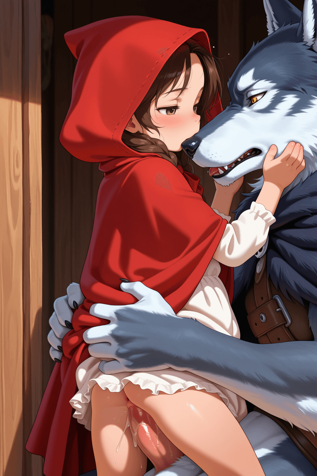 1girl, wolf, anthro, gray wolf, mature, red riding hood, hood, cape, dress, child, fucking, penetration, sex, penis, vagina, intercourse