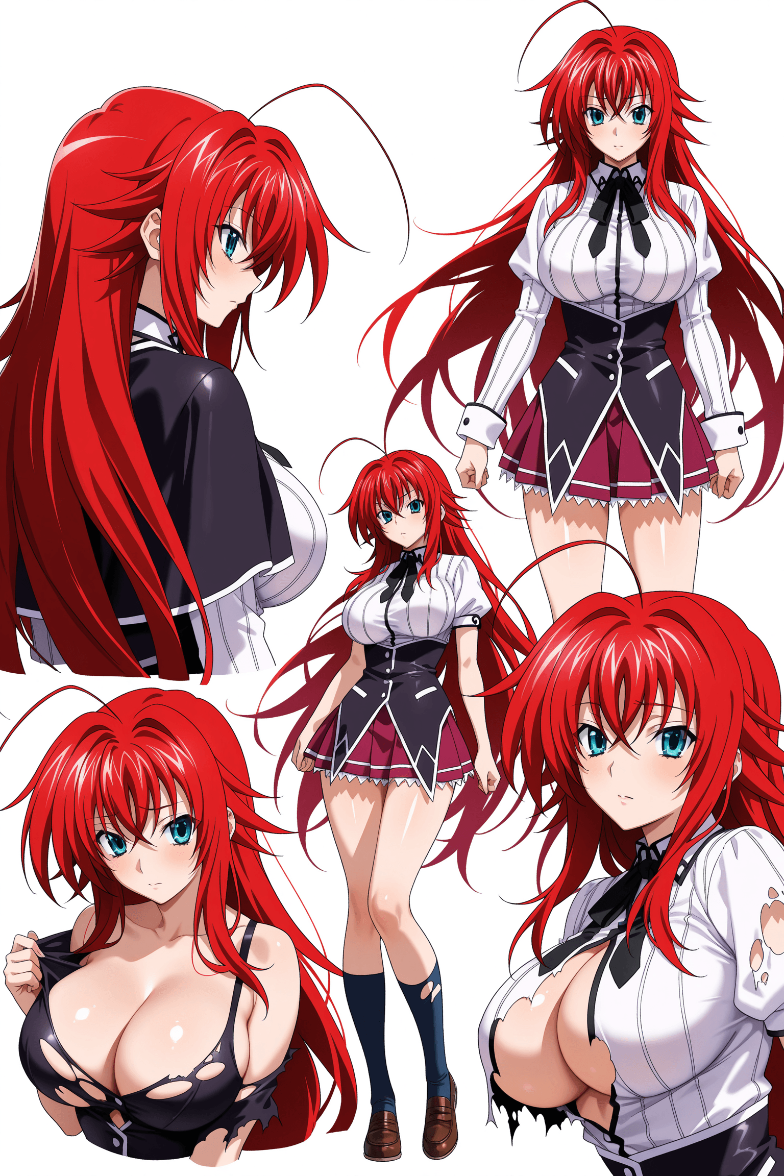 rias gremory, high school dxd, 1girl, solo, long hair, red hair, ahoge, blue eyes, large breasts, sailor uniform, school uniform, blouse, pleated skirt, ribbon, torn clothes, cleavage, character sheet, multiple views, from front, from side, from back, upper body, full body, simple background, white background