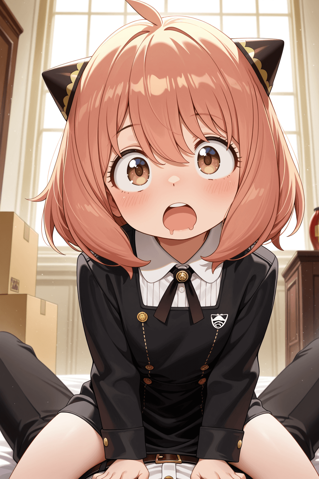 anya forger, spitz family, 1girl, 1boy, solo, short hair, blonde hair, brown hair, hair between eyes, brown eyes, spy costume, uniform, drool, open mouth, cowgirl position, sitting, box