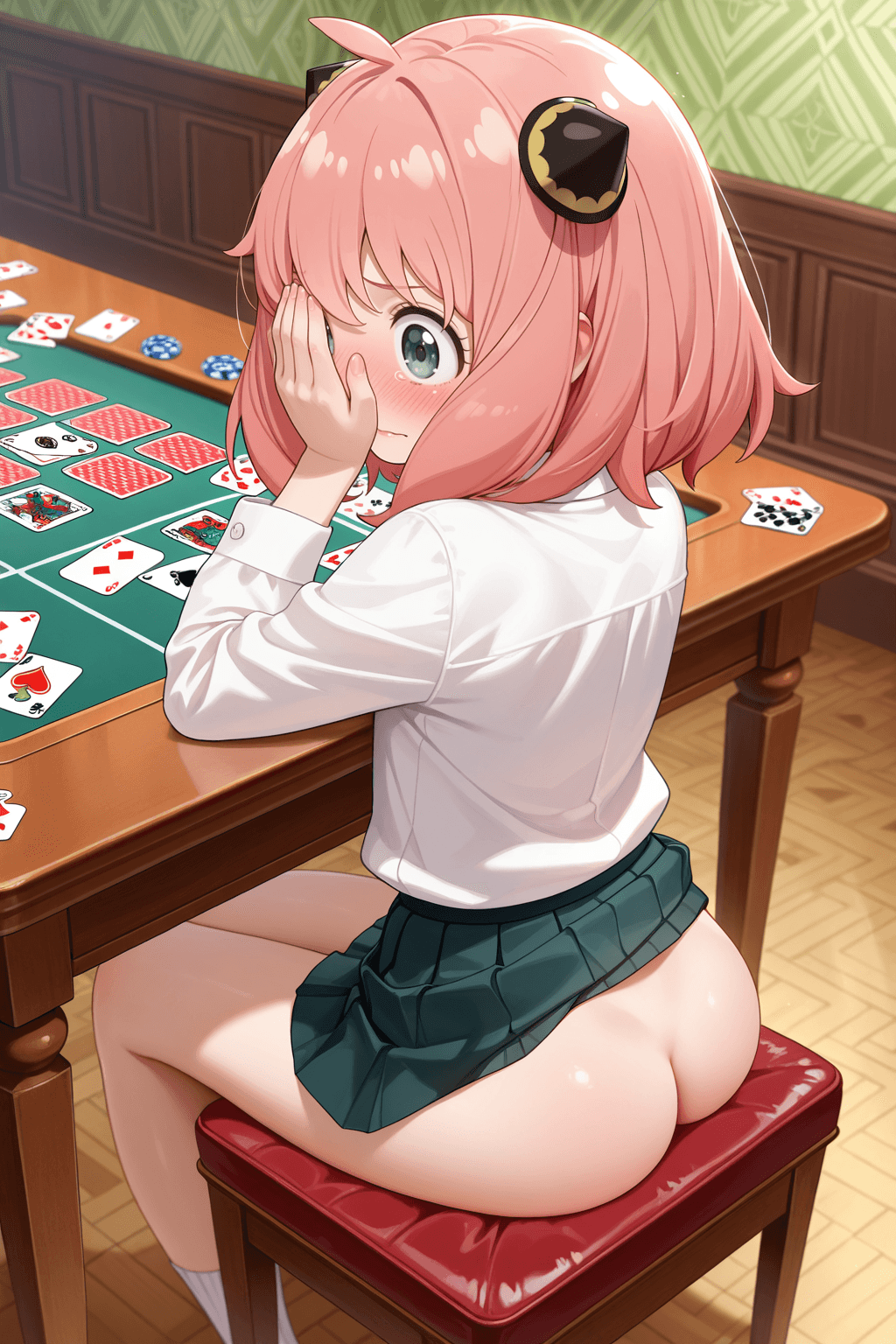 anya forger, spy x family, 1girl, solo, pink hair, green eyes, short hair, ahoge, school uniform, pleated skirt, white shirt, sitting, table, card game, playing cards, strip card game, skirt lifted, bare butt, embarrassed, blush, tears, covering face, indoors