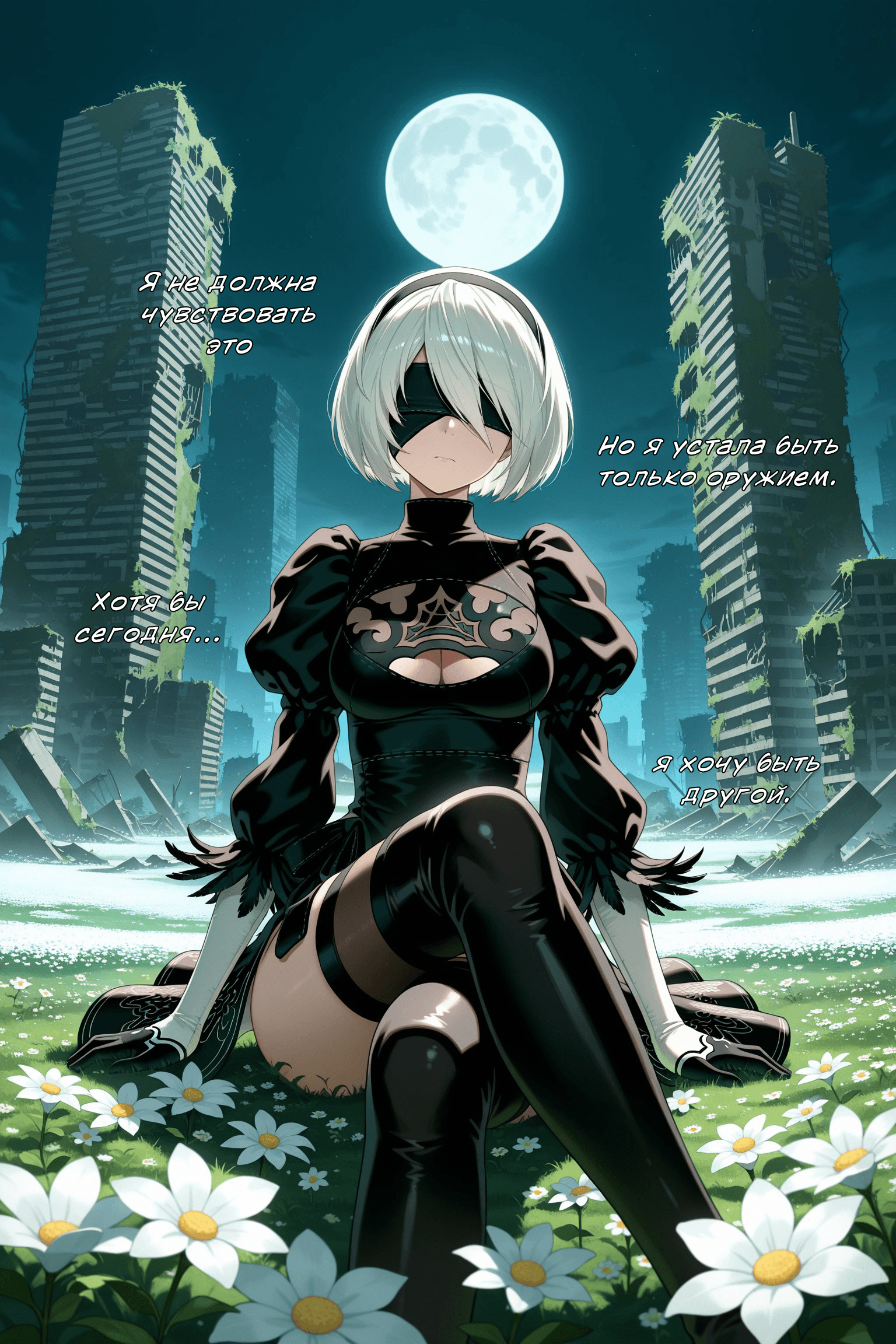 Description:
A young woman with short, white hair and a black blindfold sits in a lush, moonlit meadow, her legs spread wide in a relaxed pose. She wears a form-fitting black dress with puffy sleeves and a revealing cutout at the chest, paired with thigh-high black stockings and ornate, pointed shoes. Her posture is open and inviting, with one leg bent and the other extended, showcasing her smooth skin against the vibrant green grass and delicate white flowers. Behind her, a full moon glows brightly above a backdrop of towering, vine-covered skyscrapers, creating a dreamy, post-apocalyptic atmosphere.
Text from image:
Но я устала быть только оружием.
Нендлоаж Чувствовать это
я хочу быть другой.
Хотя бы сегодня...
