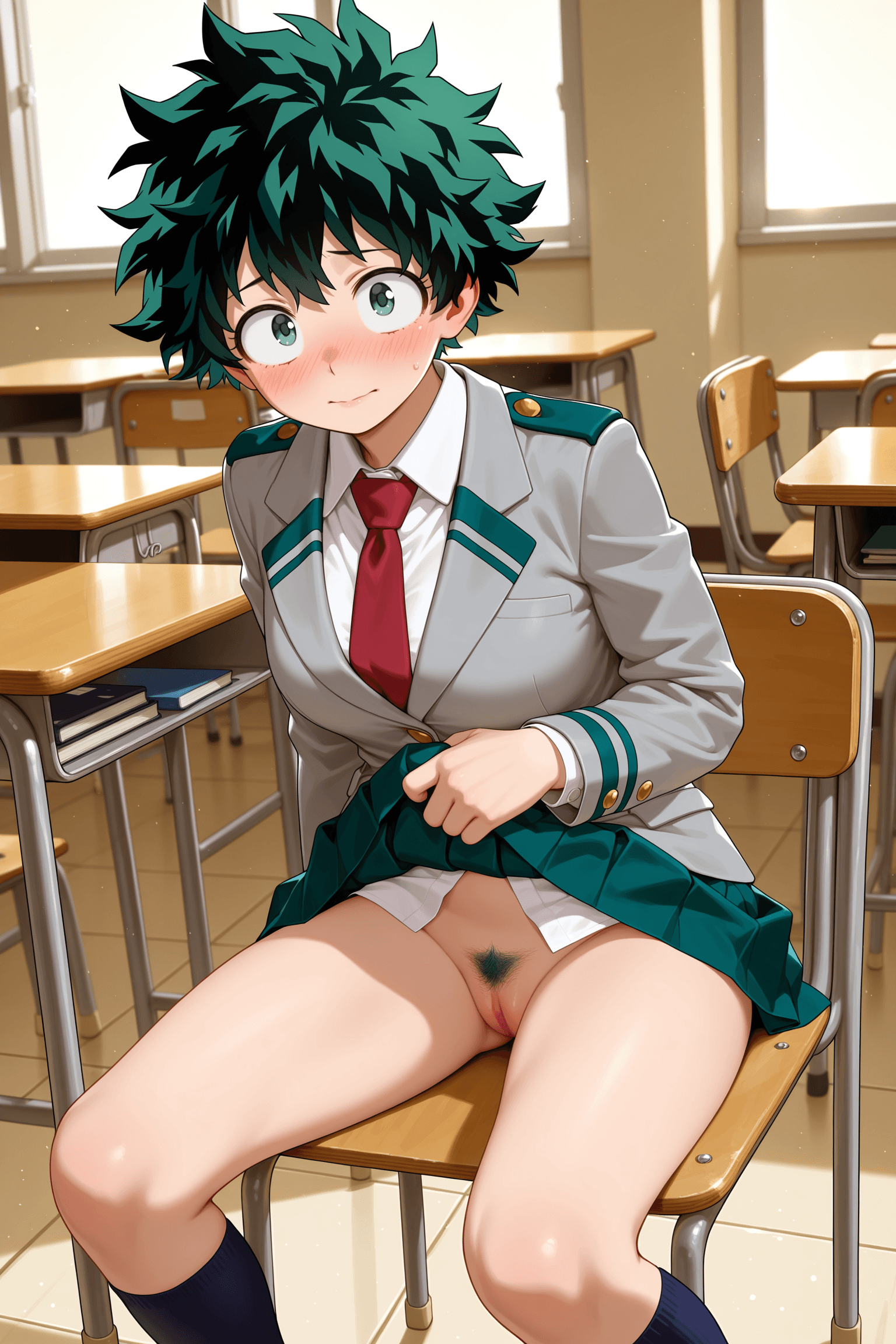1girl, solo, breasts, looking at viewer, blush, short hair, bangs, skirt, shirt, long sleeves, sitting, closed mouth, school uniform, green eyes, jacket, white shirt, pleated skirt, censored, green hair, necktie, pussy, socks, collared shirt, indoors, clothes lift, blurry, kneehighs, pubic hair, no panties, embarrassed, chair, female pubic hair, skirt lift, wavy mouth, blazer, lifted by self, red necktie, green skirt, genderswap, genderswap \(mtf\), desk, freckles, tiles, classroom, school desk, tile floor, on chair, school chair, u.a. school uniform, midoriya izuku