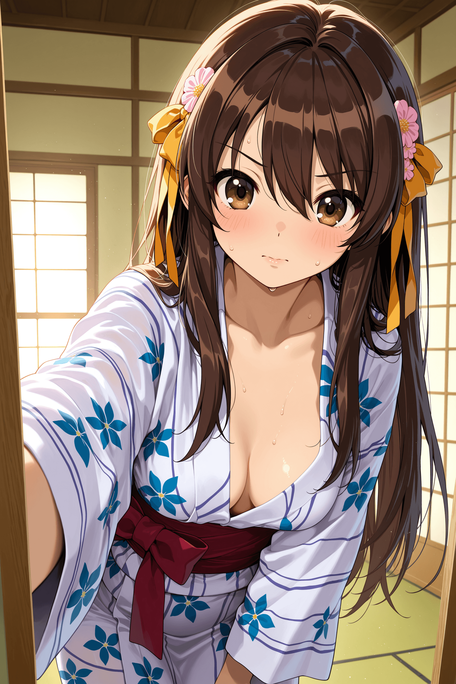 1girl, solo, haruhi suzumiya, suzumiya haruhi no yuutsu, long hair, brown hair, brown eyes, looking at viewer, blush, bangs, hair ornament, hair ribbon, hair between eyes, medium breasts, closed mouth, japanese clothes, yukata, indoors, selfie, nail polish, red nails, sweat