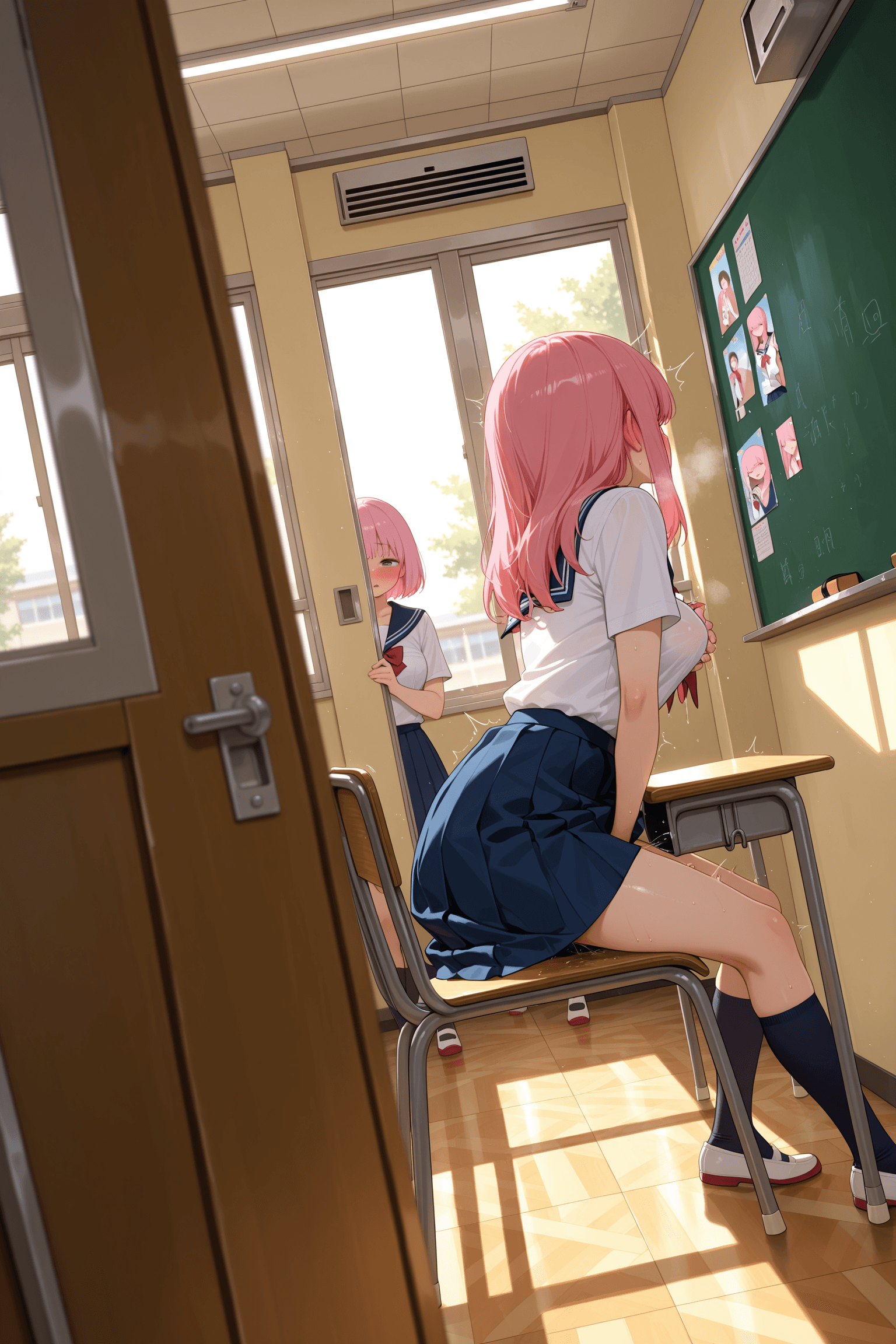 2girls, pink hair, medium breasts, masturbation, public masturbation, voyeur, peeking, school, school uniform, classroom, indoors