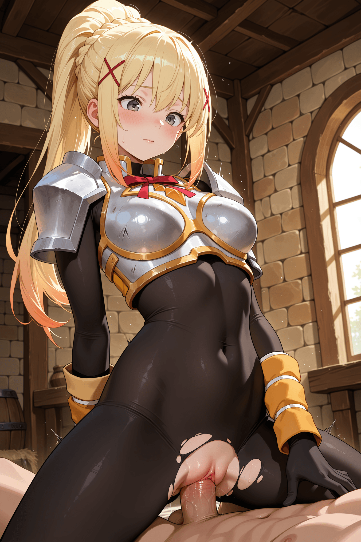 1girl, long hair, breasts, blush, bangs, blonde hair, hair ornament, 1boy, closed mouth, green eyes, ponytail, braid, hetero, penis, pussy, solo focus, indoors, sex, armor, vaginal, torn clothes, uncensored, bodysuit, covered navel, straddling, x hair ornament, girl on top, shoulder armor, cowgirl position, clothed sex, breastplate, black bodysuit, torn bodysuit, darkness \(konosuba\)