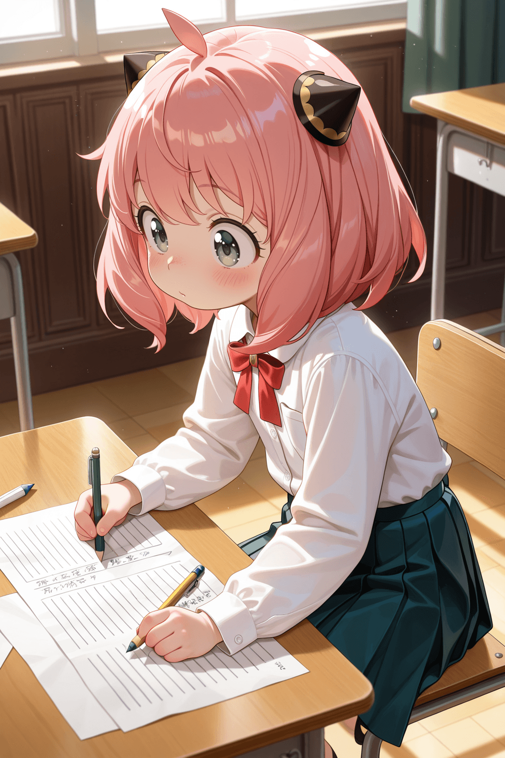 anya forger, spy x family, 1girl, solo, child, short hair, pink hair, green eyes, ahoge, bangs, school uniform, bowtie, white shirt, pleated skirt, classroom, desk, sitting, writing, exam, paper, pencil