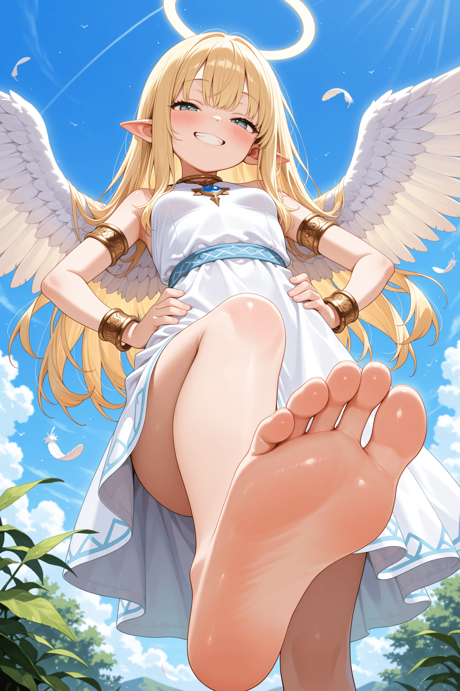 1girl, solo, long hair, breasts, looking at viewer, blush, smile, bangs, blue eyes, blonde hair, dress, bare shoulders, jewelry, small breasts, outdoors, wings, sky, barefoot, teeth, sleeveless, day, pointy ears, white dress, grin, bracelet, feet, toes, sleeveless dress, halo, soles, half-closed eyes, from below, foreshortening, feathered wings, armlet, hands on hips, angel wings, angel, smug, foot focus