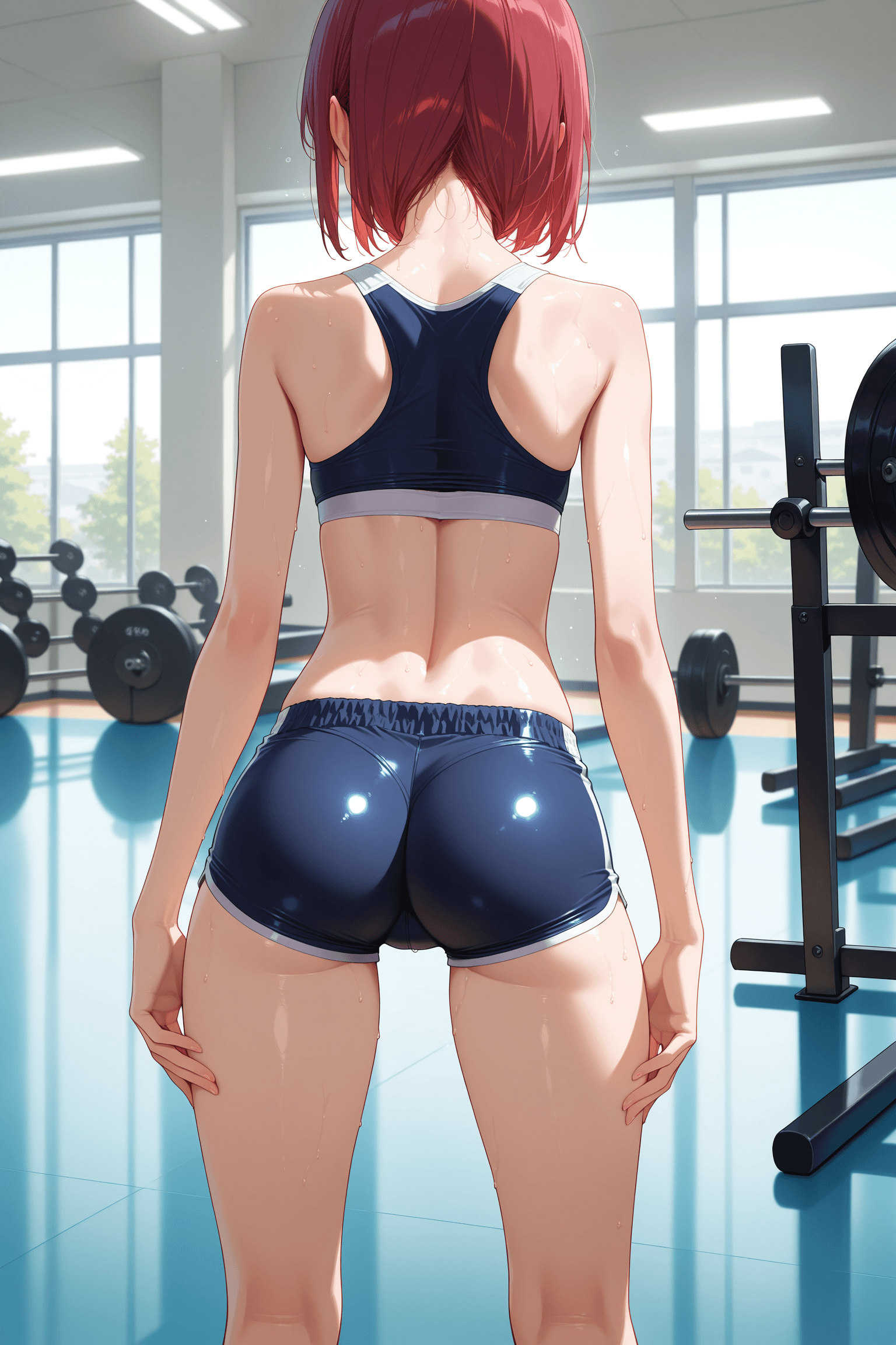 1girl, solo, slim, shorts, short shorts, tight shorts, from behind, gym, indoors