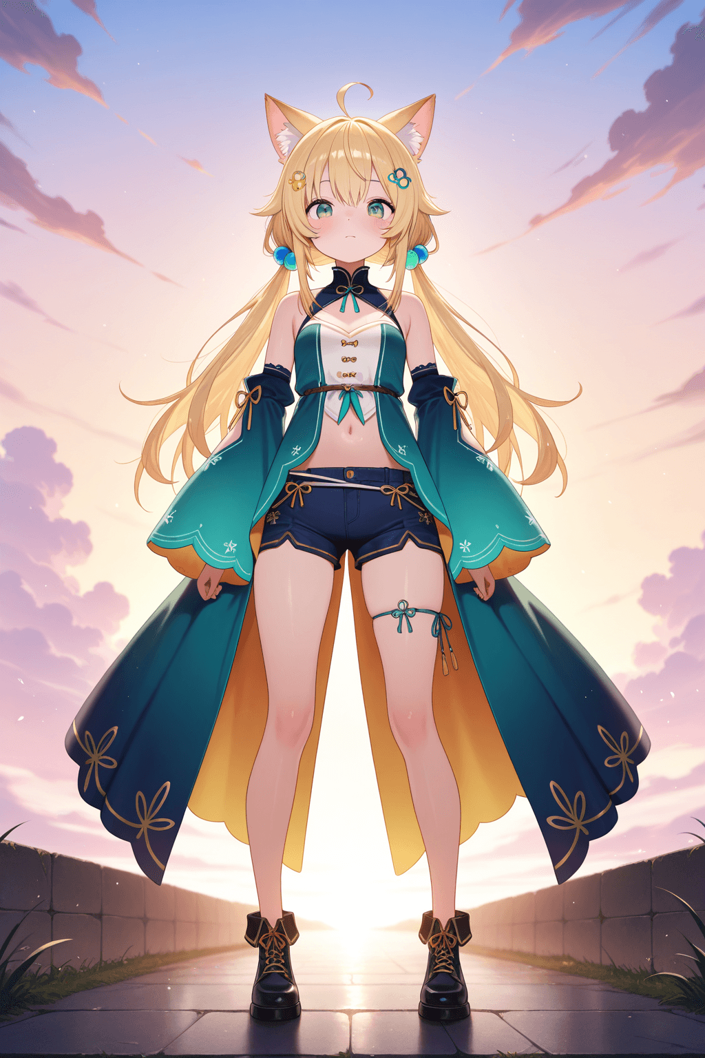 1girl, solo, long hair, looking at viewer, blonde hair, hair ornament, animal ears, green eyes, standing, full body, ahoge, detached sleeves, sky, shorts, virtual youtuber