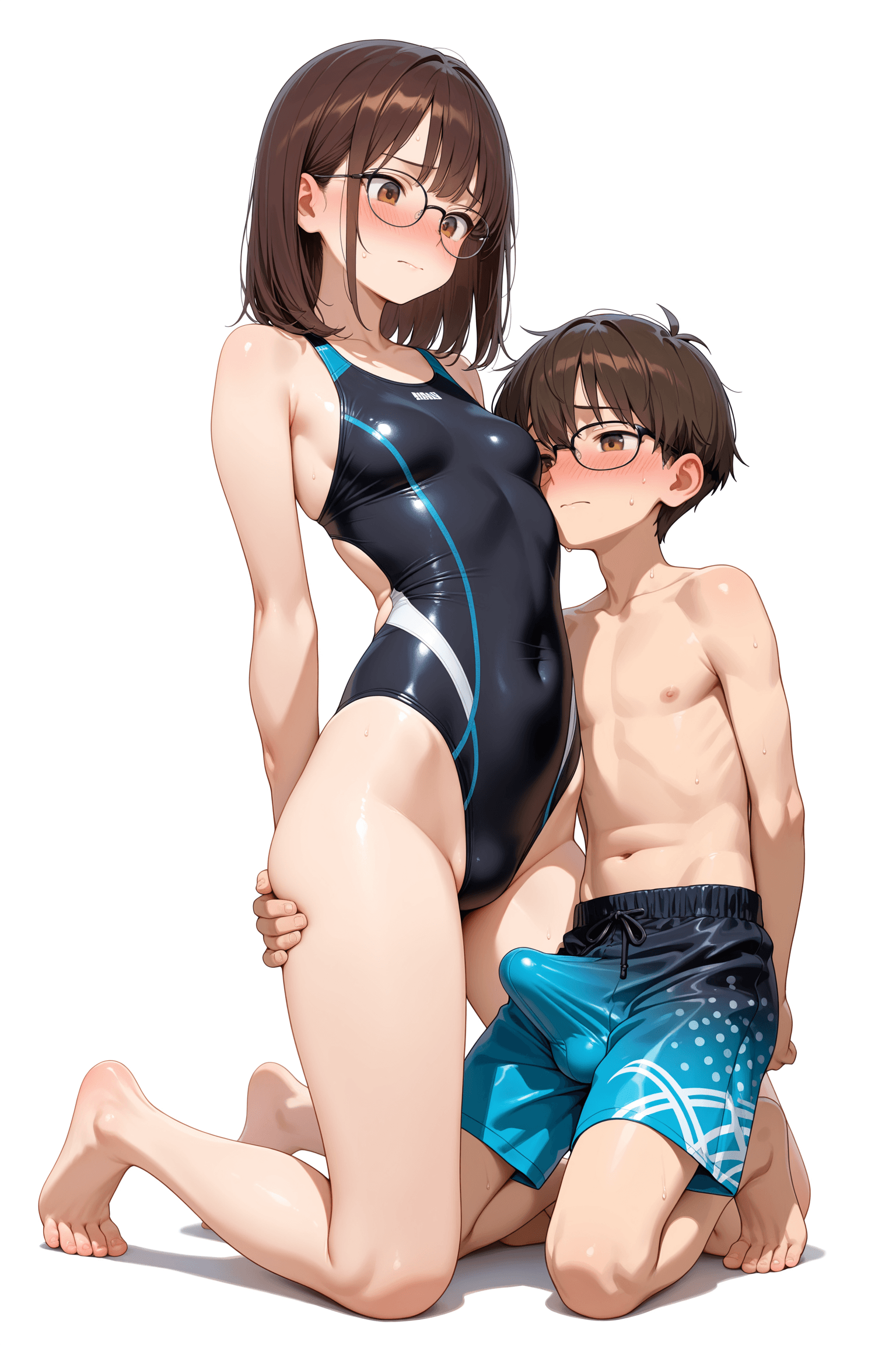 1girl, 1boy, younger brother, older sister, incest, brown hair, medium hair, short hair, bangs, glasses, brown eyes, breasts, small breasts, collarbone, bare shoulders, bare arms, bare legs, barefoot, feet, toes, legs, covered navel, black one-piece swimsuit, highleg swimsuit, competition swimsuit, swimsuit, swim trunks, kneeling, arms behind back, hand on thigh, face on groin, full body, blush, nose blush, embarrassed, closed mouth, white background, simple background, erection, bulge, erection under clothes, male swimwear, hetero