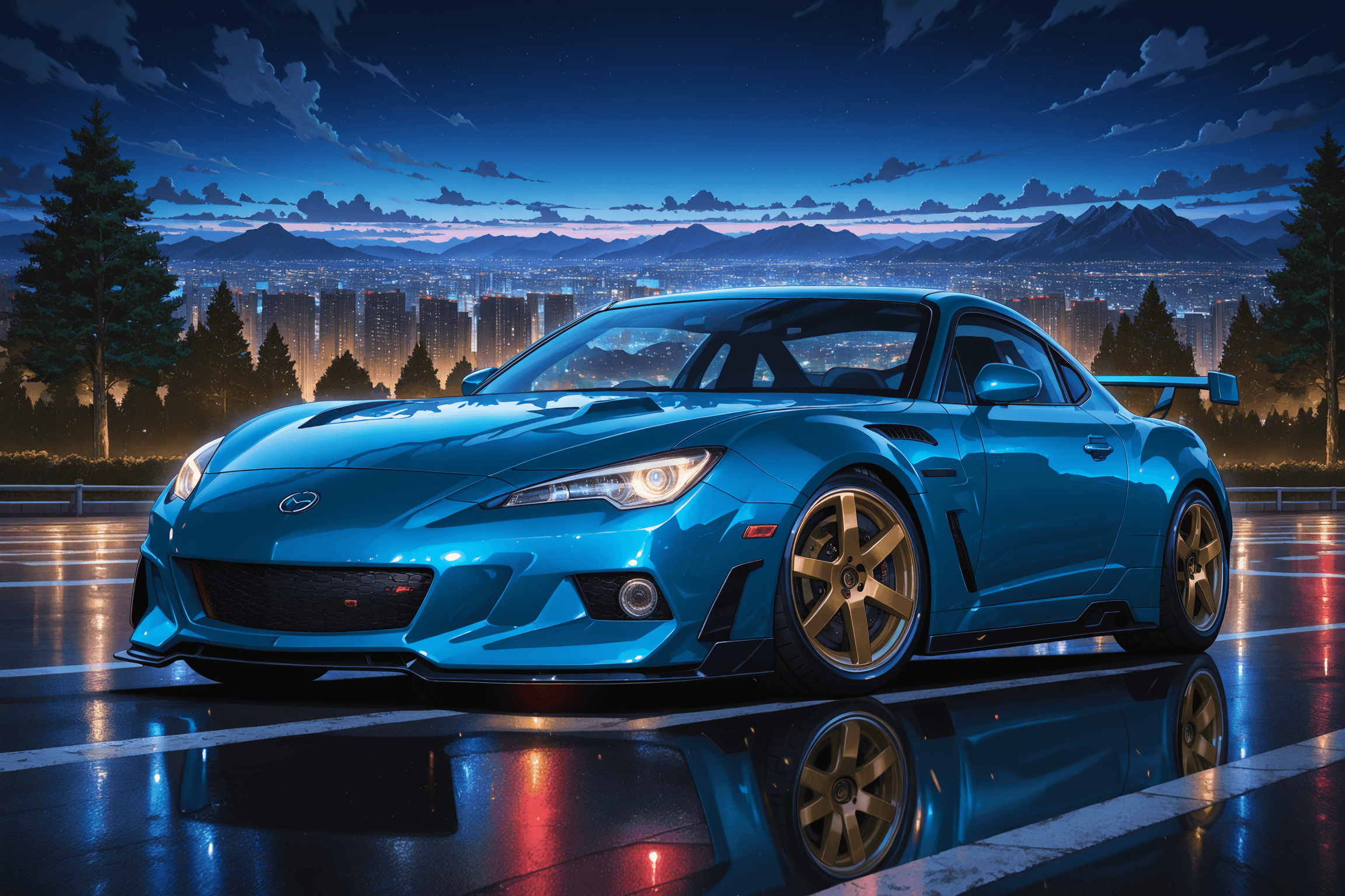 wangan midnight, mazda rx-8, car, sports car, vehicle focus, no humans, ground vehicle, motor vehicle, blue car, sky blue car, gold wheels, night, outdoors, parking lot, mountain pass, cityscape, city lights, panorama, sky, cloud, tree, scenery, anime style