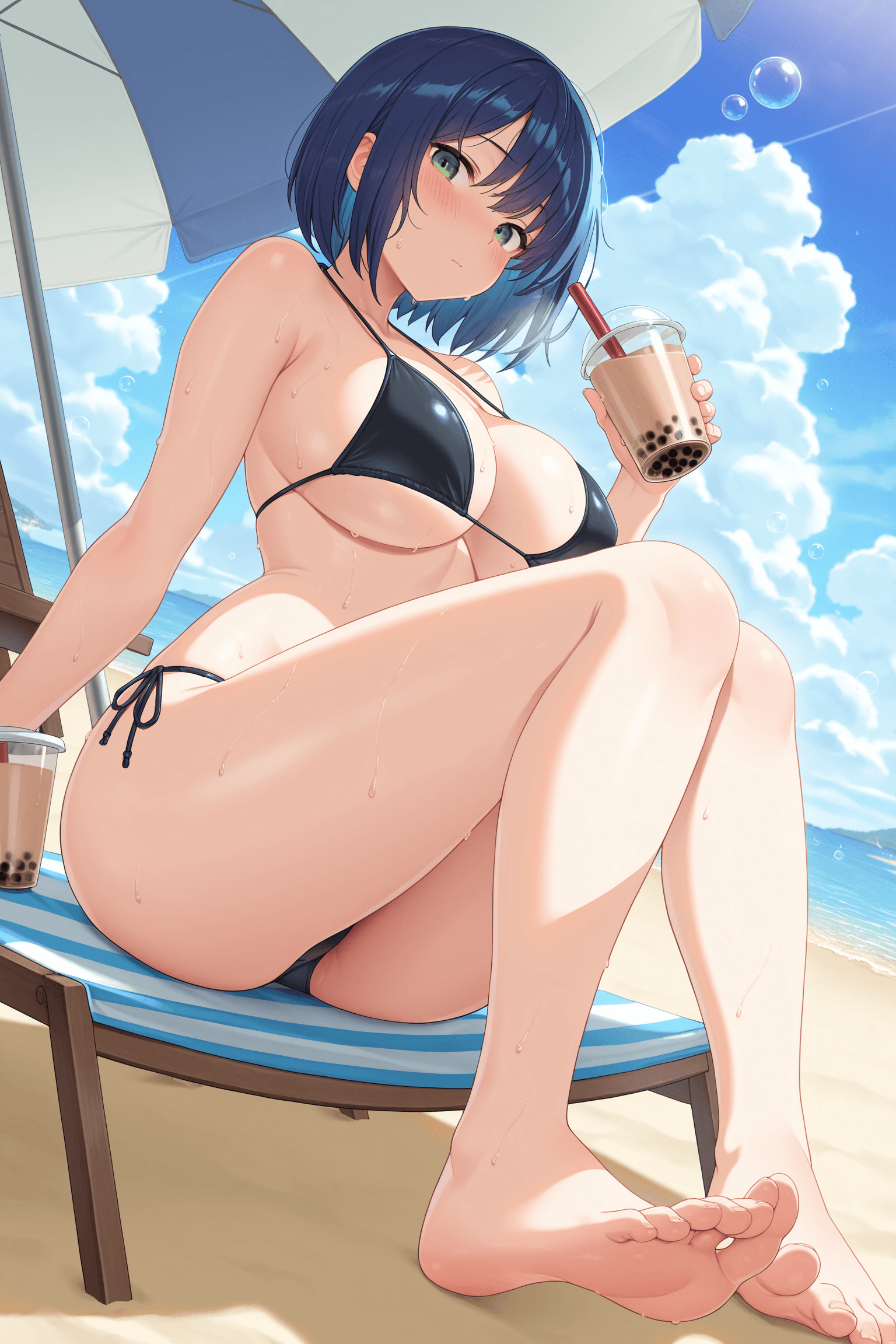1girl, solo, breasts, looking at viewer, blush, short hair, large breasts, sitting, green eyes, blue hair, swimsuit, bikini, sweat, outdoors, barefoot, day, cloud, feet, cup, black bikini, ocean, umbrella, beach, drinking straw, beach umbrella, bubble tea