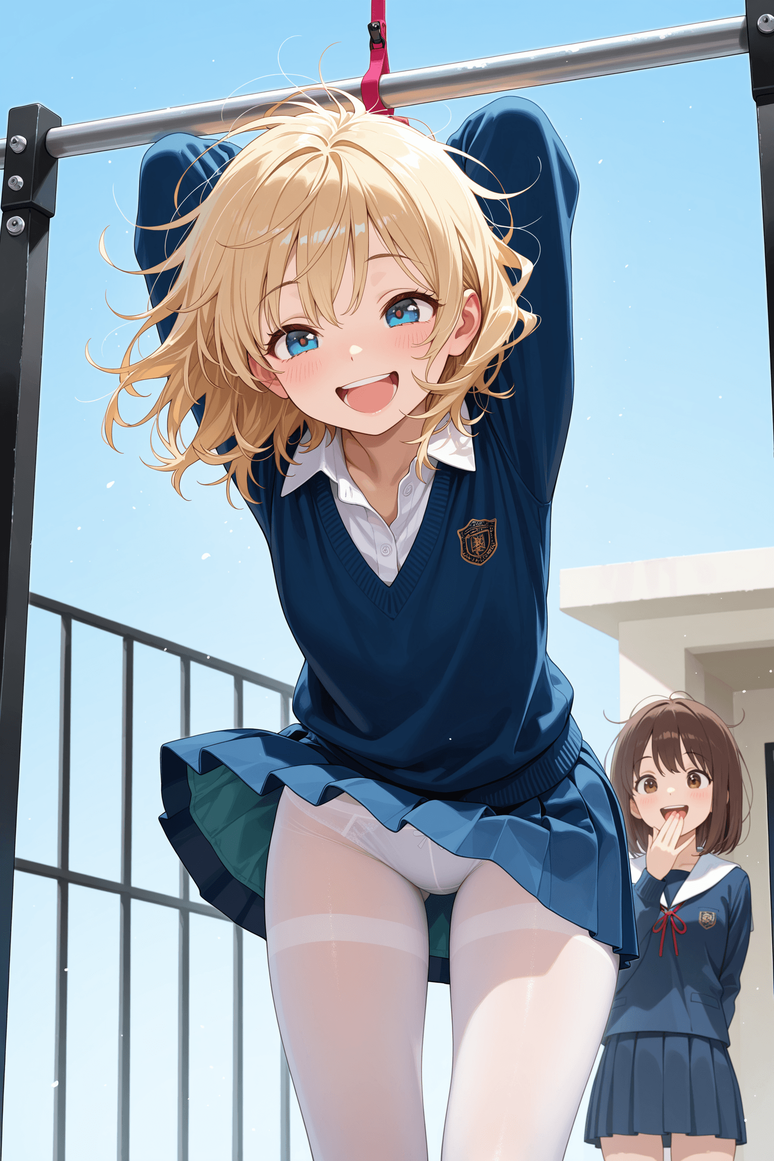 1girl, 1girl, 2girls, solo, blonde hair, brown hair, short hair, medium hair, happy, smiling, open mouth, laughing, school uniform, skirt, miniskirt, pleated skirt, white pantyhose, thighhighs, short skirt, underwear, panties, peeking underwear, hanging, on apparatus, gymnastics, arms up, arms behind back, exercise bar, bars, outdoors, simple background, day, wind, messy hair, brown eyes, blue eyes, detailed, highres