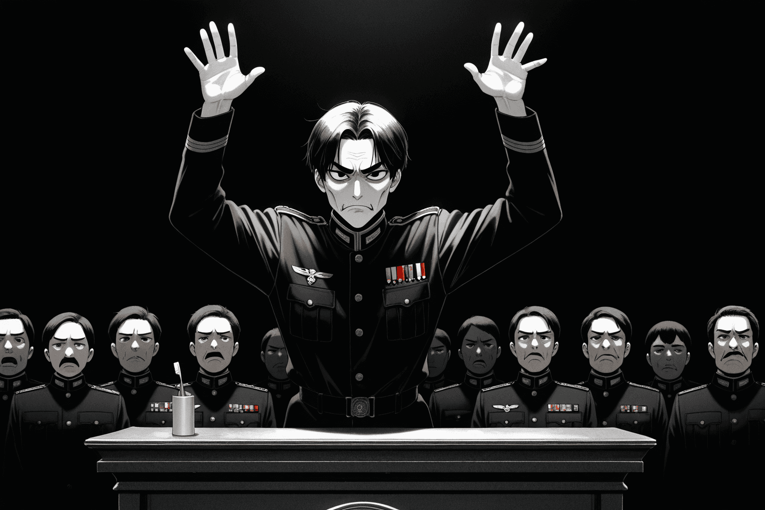 1boy, solo, middle aged, angular face, prominent cheekbones, high forehead, dark hair, short hair, neat hair, side parted hair, dark eyes, intense gaze, sharp chin, nasolabial folds, toothbrush mustache, thick eyebrows, straight eyebrows, pale skin, military uniform, dark uniform, standing, podium, gesturing, raised arms, speaking, tense expression, irritated face, stern expression, crowd, many people, black and white, monochrome, film grain, grainy, dramatic lighting, high contrast, deep shadows, vintage, historical, documentary, simple background