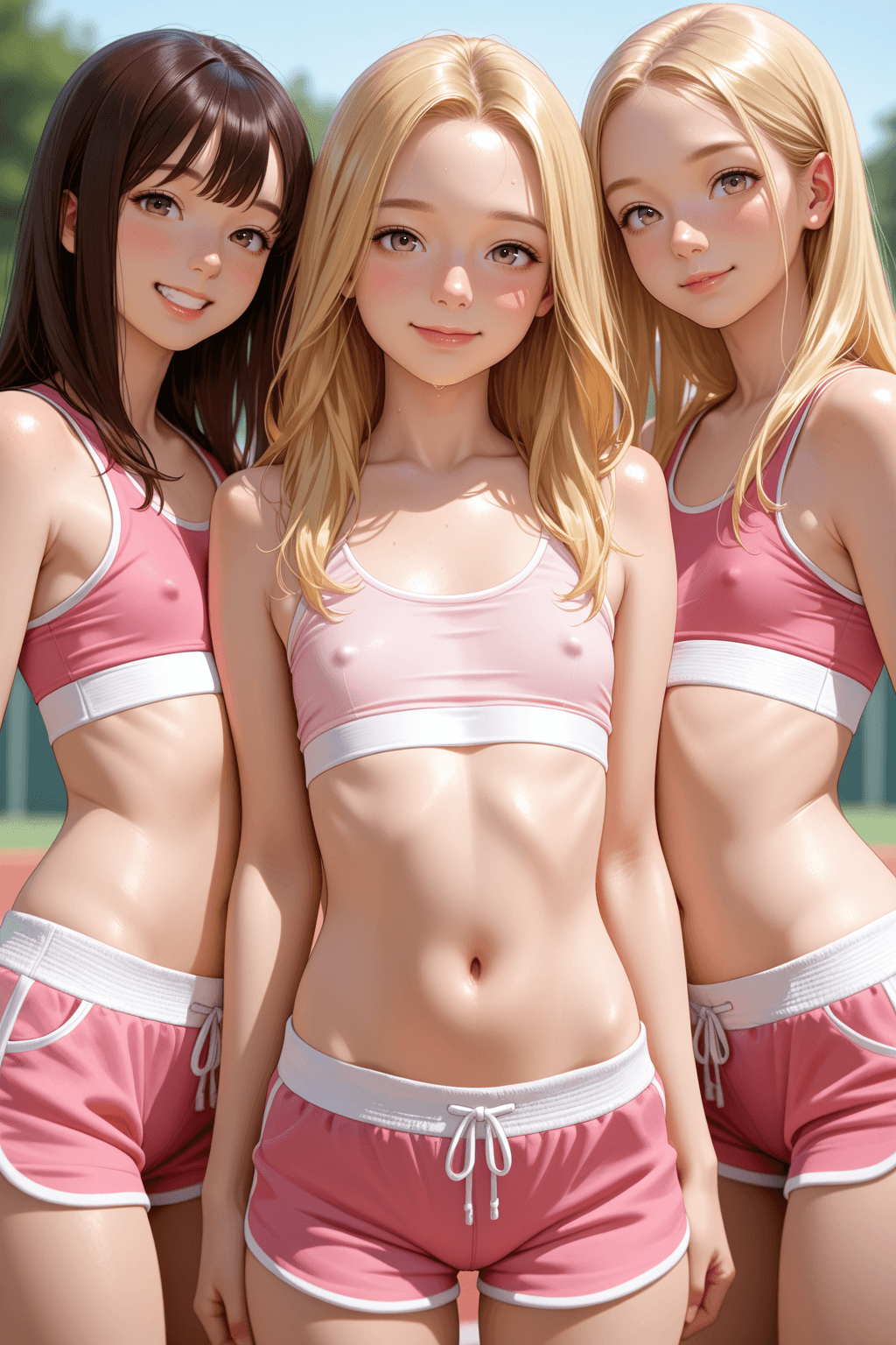 long hair, breasts, looking at viewer, smile, multiple girls, blonde hair, navel, brown eyes, closed mouth, standing, cowboy shot, small breasts, shorts, teeth, midriff, 3girls, blurry, flat chest, covered nipples, lips, short shorts, blurry background, sports bra, realistic, pink shorts