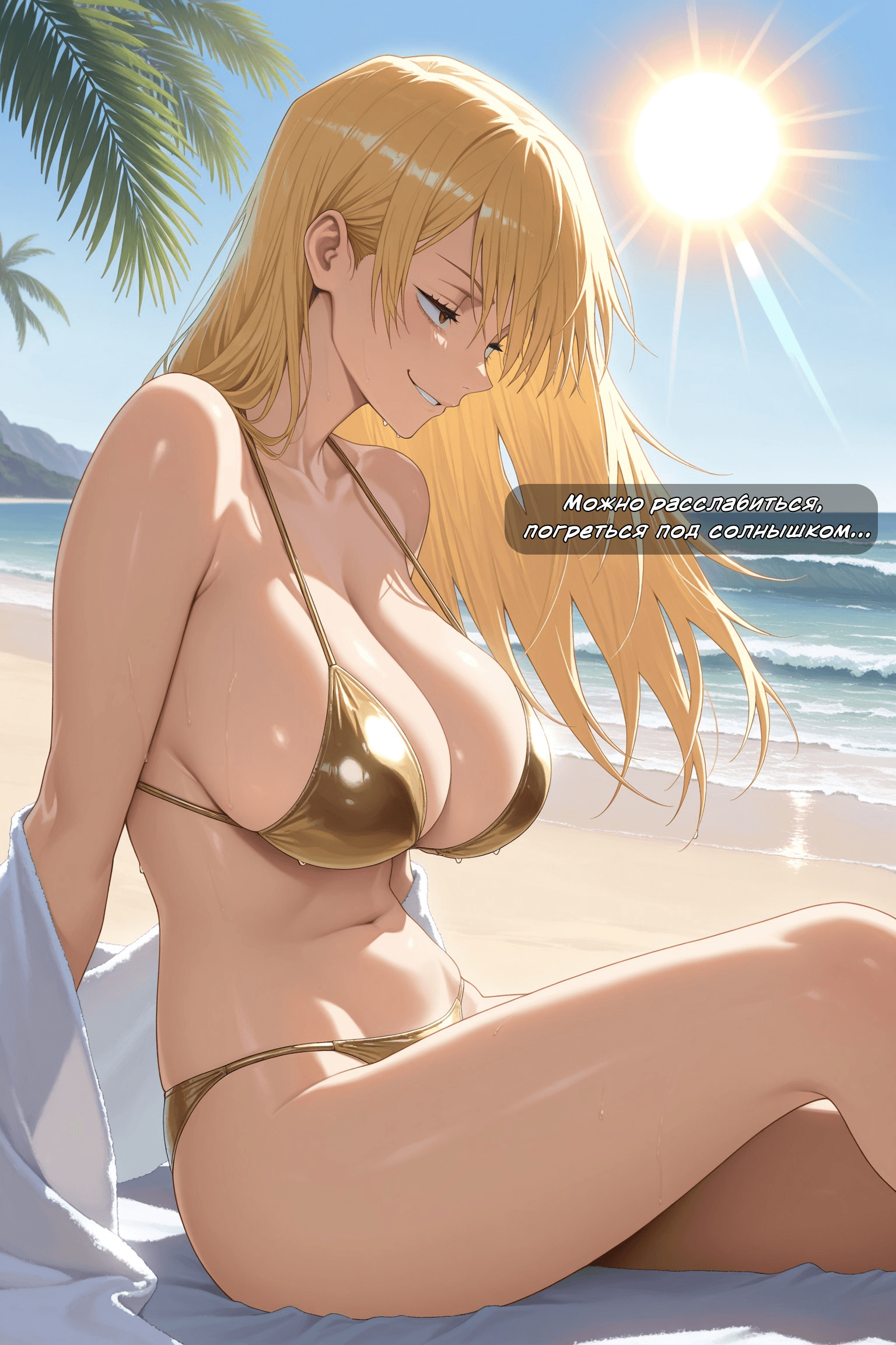 Description:
A voluptuous blonde woman with long, sun-drenched hair sits on a white towel on a sandy beach, basking in the bright sunlight. She wears a shimmering, metallic gold bikini that clings to her large, heavy breasts, which are pushed high by the top. Her skin glistens with sweat under the intense sun, and she has a relaxed, seductive smile as she looks down, her legs spread slightly apart.
Text from image:
Можно расслабиться, погреться под солнышком...