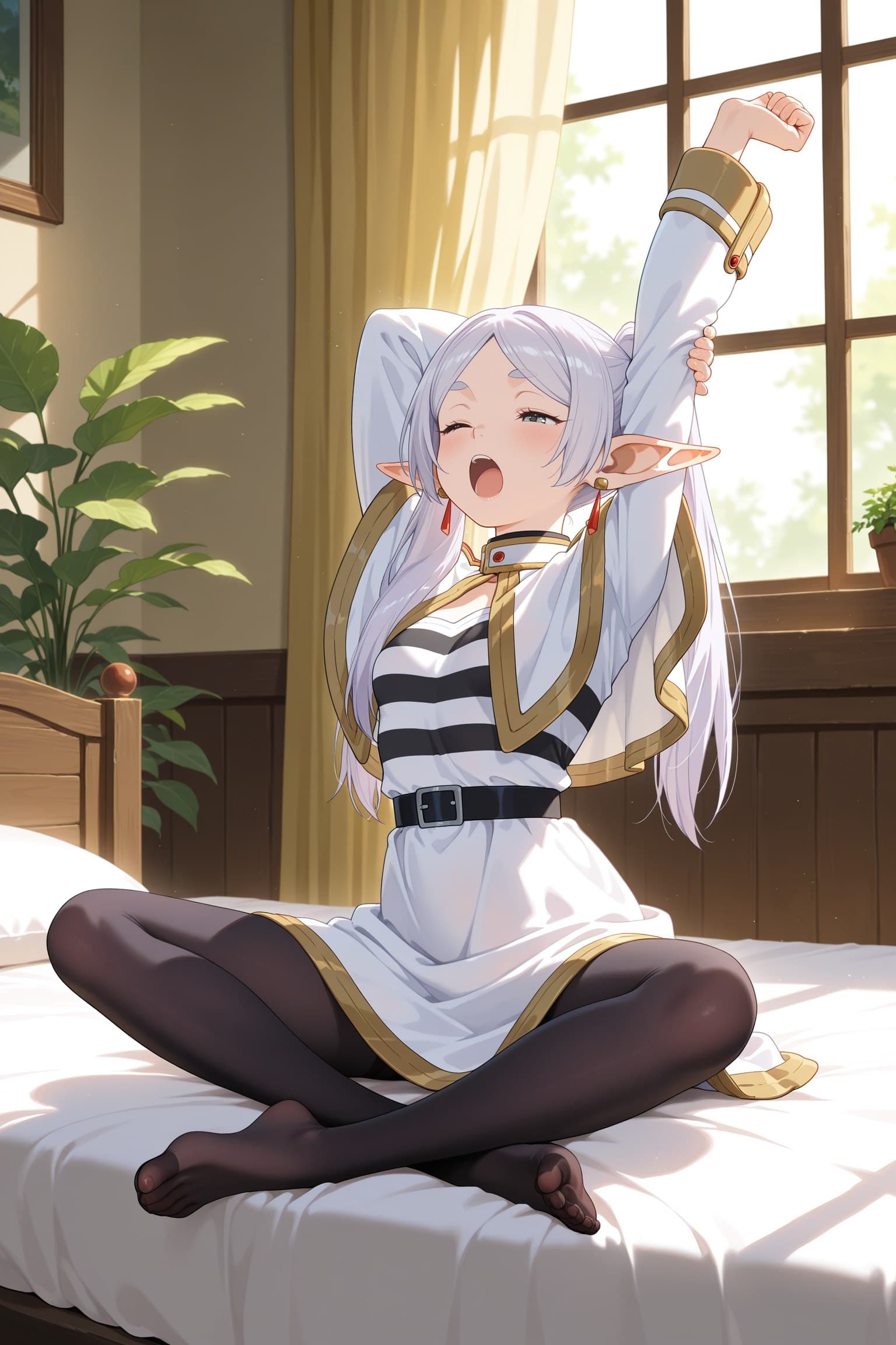 Description:
An elf girl with long, flowing silver hair and pointed ears is sitting cross-legged on a white bed, basking in the warm sunlight streaming through a large window. She wears a white and black striped dress with gold trim and a black belt, paired with sheer black thigh-high stockings that accentuate her legs. Her arms are stretched high above her head, one hand gripping the sleeve of her dress, while her other arm is bent, her fist clenched near her shoulder. Her eyes are closed in a blissful expression, her mouth open in a soft yawn or sigh, conveying a sense of lazy, morning contentment.
Text from image: