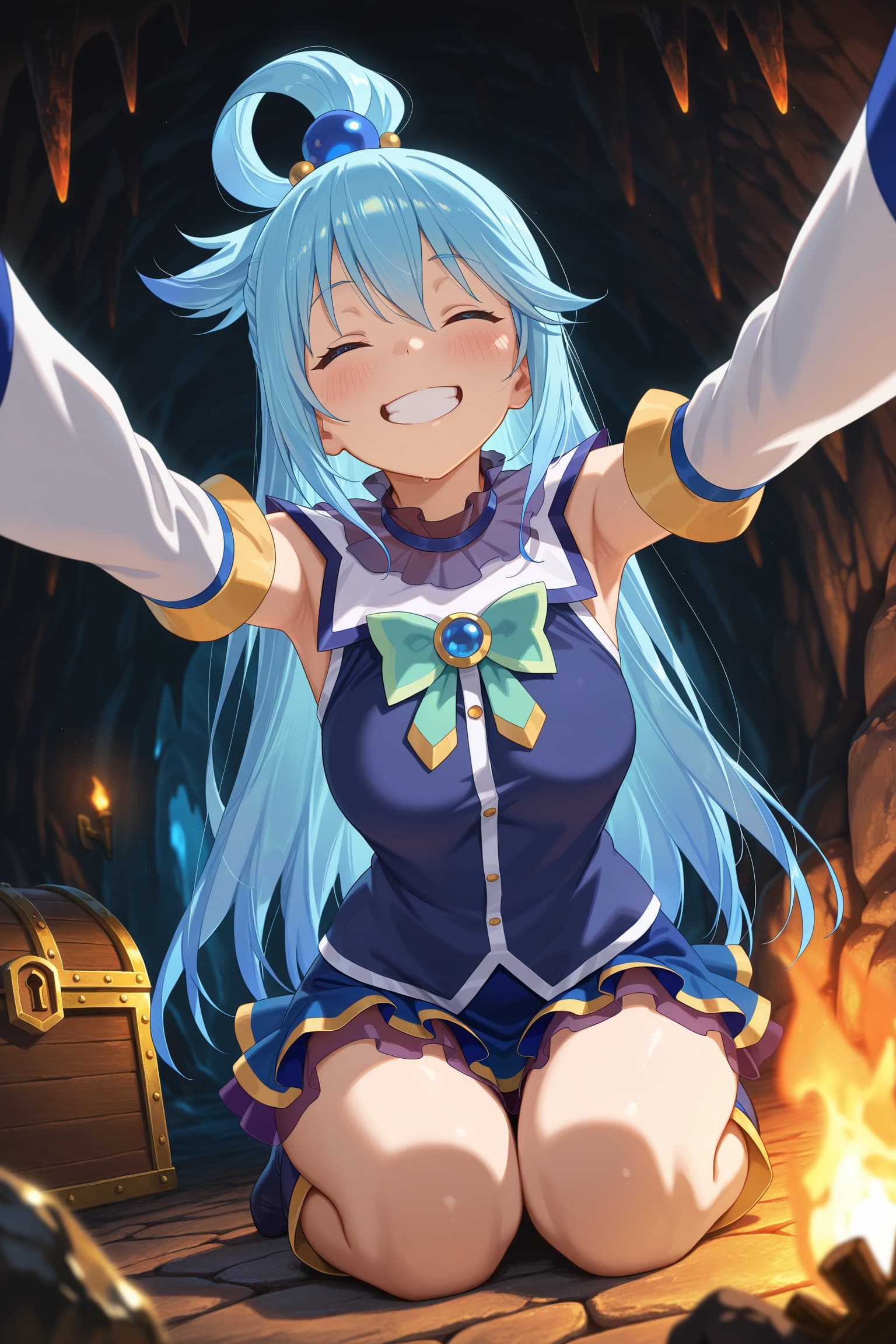 Description:
A cheerful young woman with long, flowing light blue hair tied in a high ponytail kneels on a stone floor, her arms spread wide in excitement. She wears a form-fitting, sleeveless blue dress with a white ruffled collar and a large, mint-green bow at the chest, which is slightly pulled taut by her pose. Her legs are spread wide apart, showcasing her smooth, pale thighs and the ruffled hem of her skirt. Her face is flushed with a happy, blushing smile, and her eyes are closed in delight. The scene is set in a dimly lit cave, illuminated by the warm glow of a fire to her right and a wooden treasure chest to her left.
Text from image: