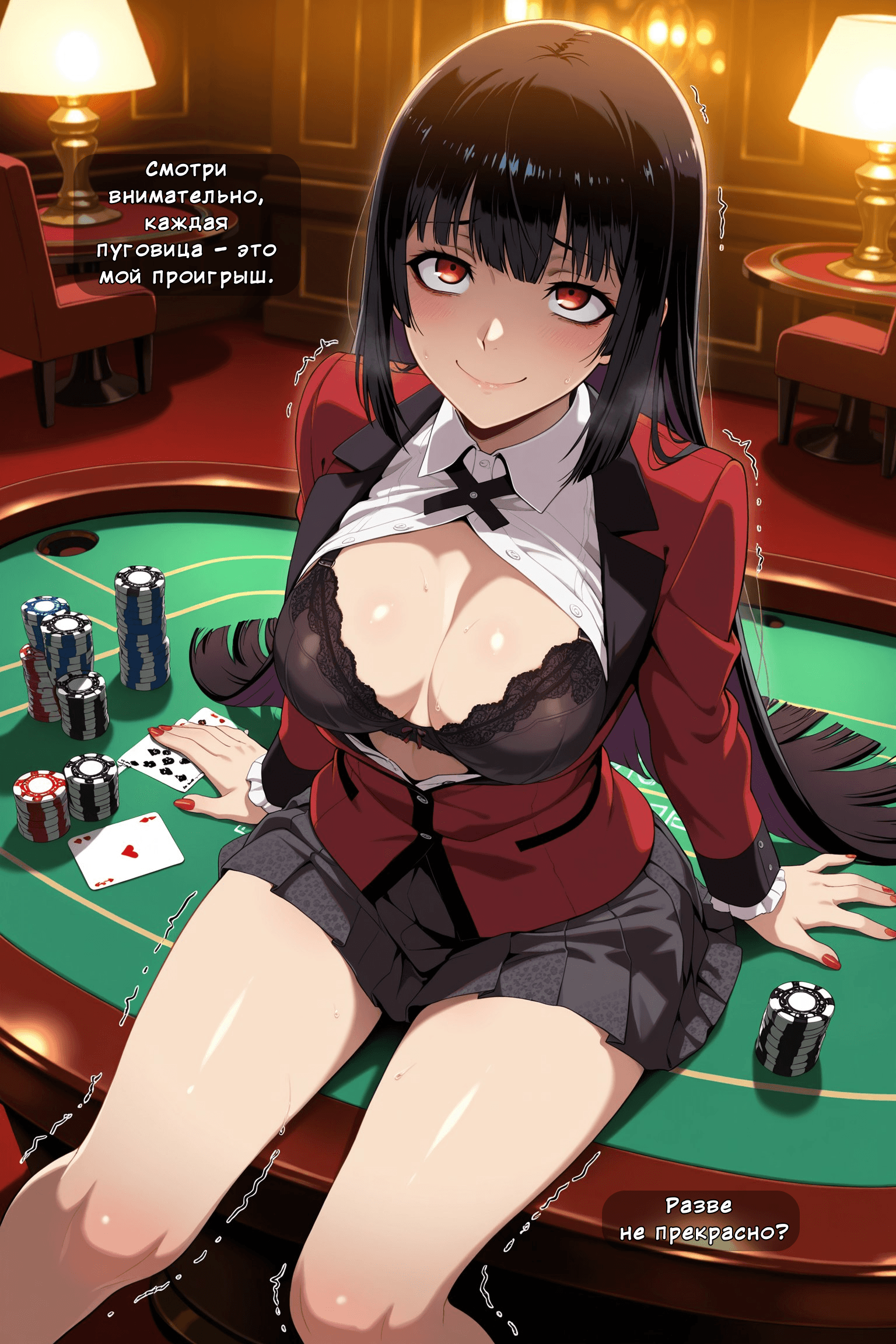 Description:
A young woman with long, black hair and striking red eyes is lounging provocatively on a green poker table. She wears a red blazer over a white shirt that is unbuttoned to reveal a black lace bra, her cleavage prominent. Her legs are spread wide, showcasing her smooth skin, while her hands rest on the table amidst stacks of poker chips and playing cards. The warm, dim lighting of the casino setting highlights her flushed cheeks and confident, alluring smile.
Text from image:
смотри внимательно, каждая пуговица - это - мой проигрыш.
Разве не прекрасно?