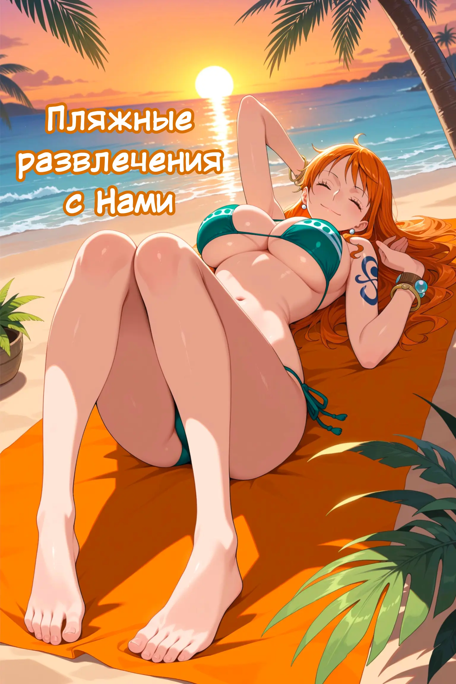 Description:
A voluptuous woman with long, flowing orange hair reclines on a vibrant orange towel on a sun-drenched beach at sunset. She wears a teal two-piece bikini that accentuates her curvaceous figure, with her legs spread wide and knees bent, showcasing her smooth skin. Her left arm is raised behind her head, while her right hand rests near her shoulder, revealing a blue tattoo on her upper arm. The warm glow of the setting sun reflects off the ocean behind her, framed by swaying palm fronds and a potted plant nearby.
Text from image:
Пляжные развлечения в Нами