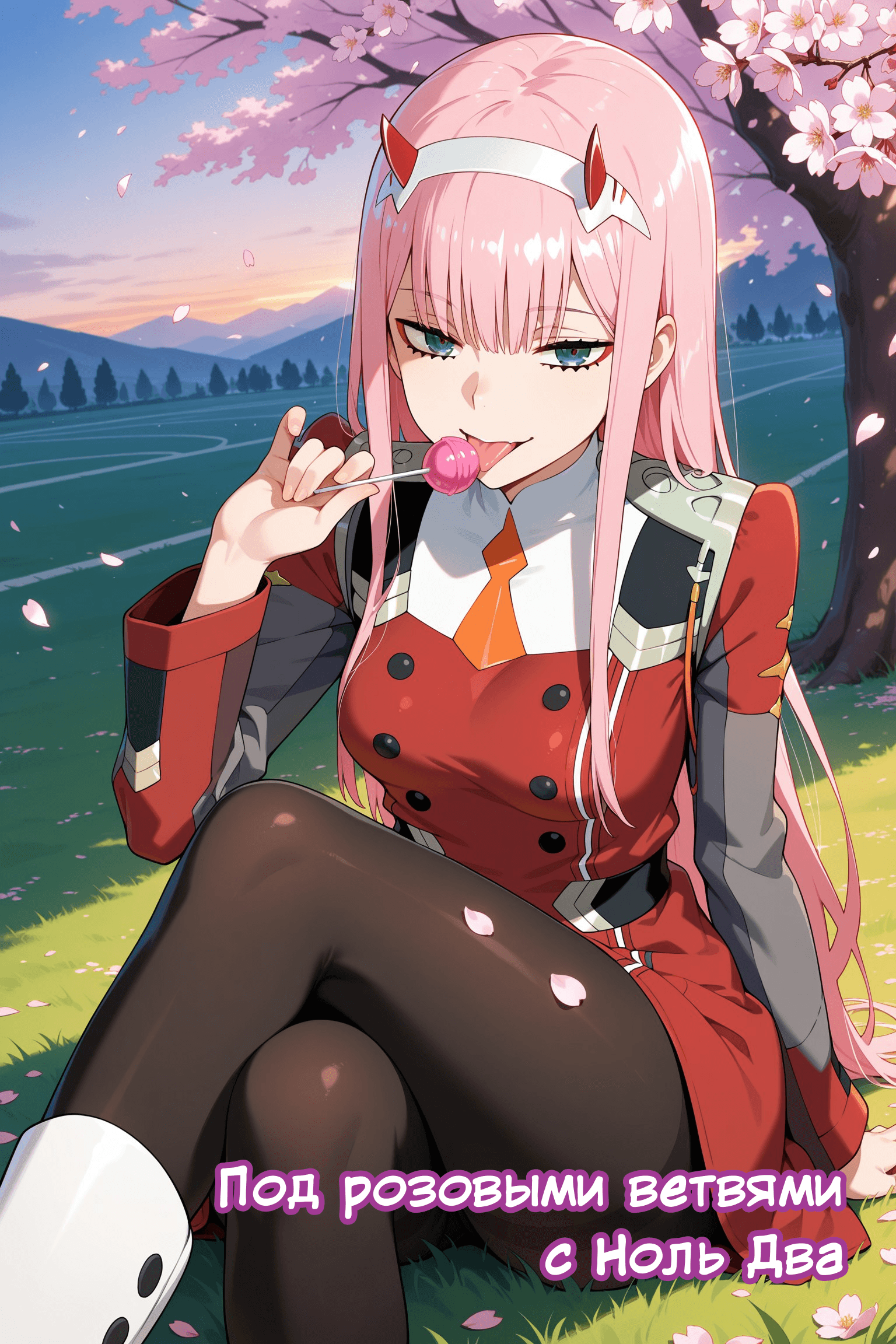 Description:
A young woman with long, wavy pink hair and a white headband featuring small red horns sits on a grassy field under a blooming cherry blossom tree. She has striking green eyes and is wearing a red, double-breasted military-style jacket with black buttons, a white collar, and an orange tie. Her outfit is completed with sheer black pantyhose and a white boot visible on her left foot. She holds a pink lollipop to her lips, her expression relaxed and slightly seductive. The background features a serene landscape with distant mountains and a soft sunset sky, while fallen petals scatter around her.
Text from image:
Под розовыми ветвями с Ноль Два