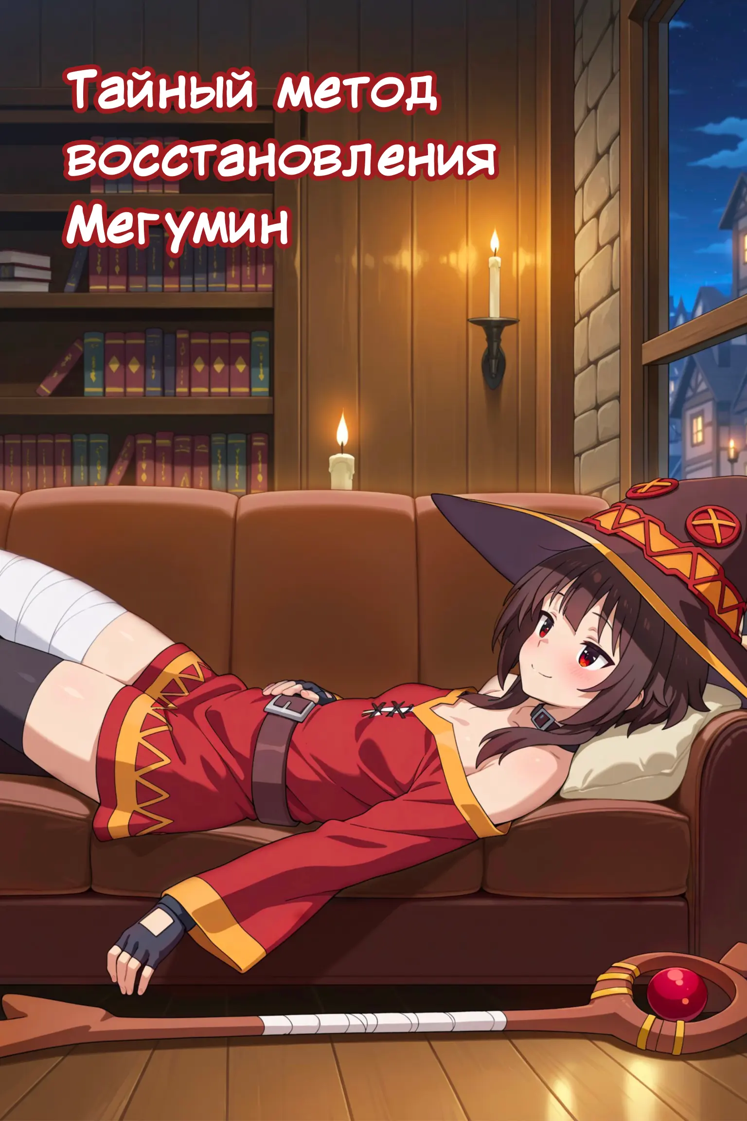 Description:
A young woman with long, dark brown hair and red eyes lies on her back on a plush, brown leather sofa. She wears a large, pointed witch's hat with orange trim and a red, long-sleeved tunic with gold accents that is slightly unbuttoned, revealing her cleavage. Her right leg is bent at the knee, revealing a white bandage wrapped around her thigh, while her left leg is extended. She wears black fingerless gloves and a brown belt. Her expression is a soft, contented smile as she looks towards the viewer. A wooden staff with a red orb rests on the floor beside the sofa. The room is dimly lit by warm candlelight from a wall sconce and a candle on the sofa, casting a cozy glow against the wooden walls and bookshelves in the background.
Text from image:
Тайный метод восстановления Мегумин