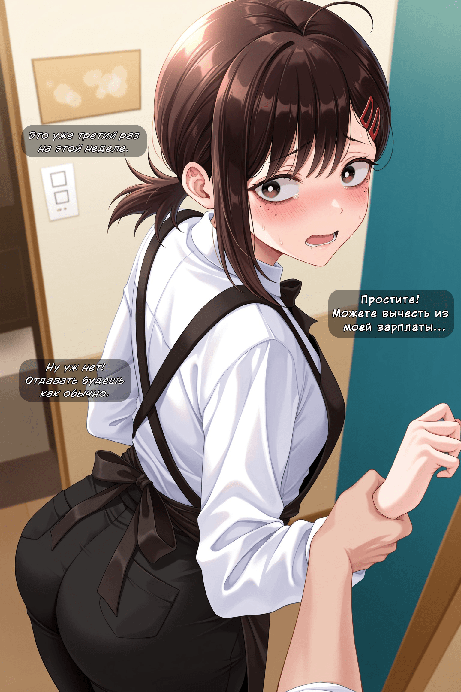 Description:
A young woman with brown hair tied in a ponytail is shown from the back, her body angled slightly to the side. She wears a white, long-sleeved blouse tucked into a black apron that is tied in a bow at her lower back, emphasizing her rounded hips. Her expression is one of flustered embarrassment, with wide, watery eyes, a flushed pink face, and a sheen of sweat on her skin. A man's hand is firmly gripping her right wrist, pulling her arm back and stretching her shoulder. Her other hand is clenched into a fist near her chest.
Text from image:
Простите! Можете вычесть из моей зарплаты...
Это уже третий раз на этой неделе.
Ну уж нет!! Отдавать будешь как обычно.