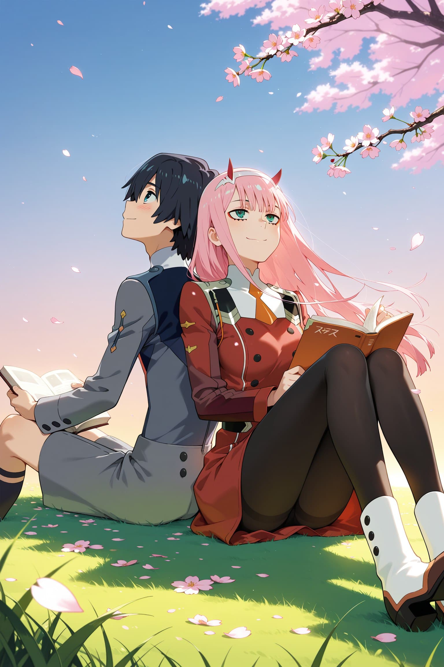 Description:
A young woman with long, flowing pink hair and small red horns sits back-to-back with a man on a grassy lawn under a cherry blossom tree. She wears a red, military-style dress over black, opaque thigh-high stockings and white platform boots. Her legs are crossed at the ankles, and she holds an open book in her lap, her expression serene and slightly smiling.
Text from image: