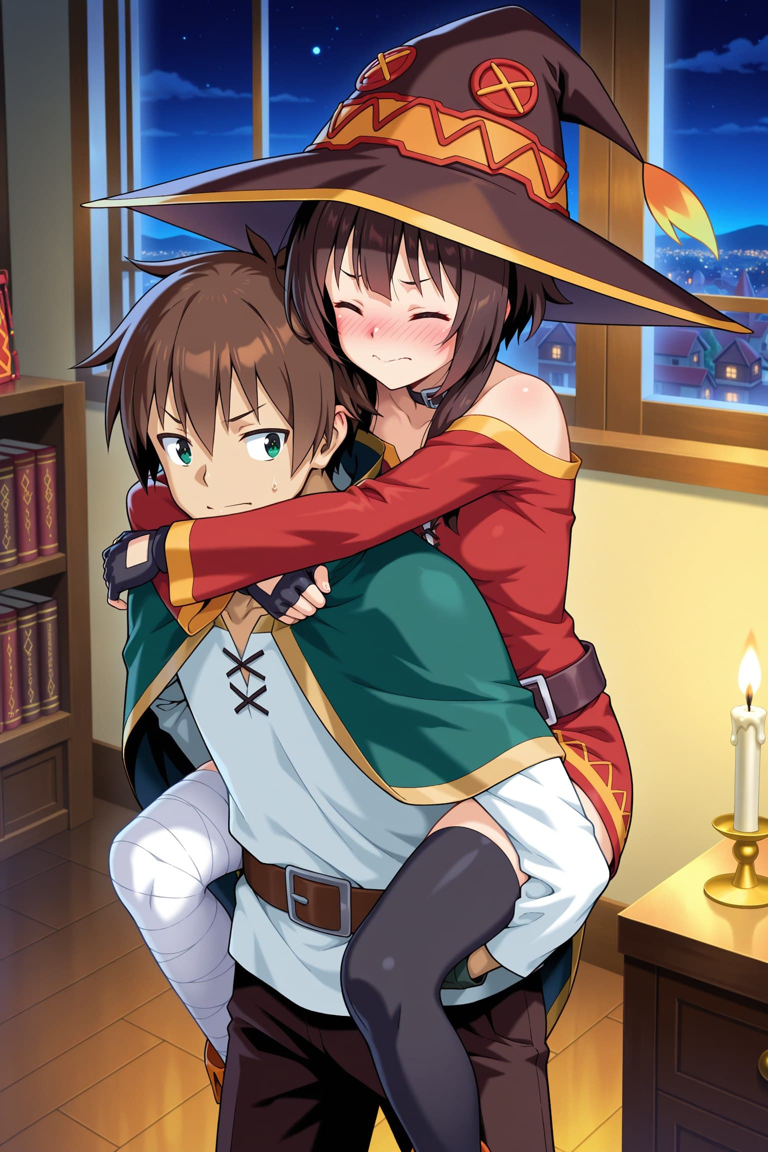 Description:
A young man with brown hair and green eyes, wearing a green tunic and a white shirt, carries a woman on his back. The woman, sporting a large, pointed witch's hat with orange trim, has her arms wrapped tightly around his neck. She wears a red, off-the-shoulder top and dark thigh-high stockings, her face flushed with a shy, closed-eye expression. The man looks slightly strained, a bead of sweat on his forehead, as he supports her weight in a cozy room illuminated by a candle.
Text from image: