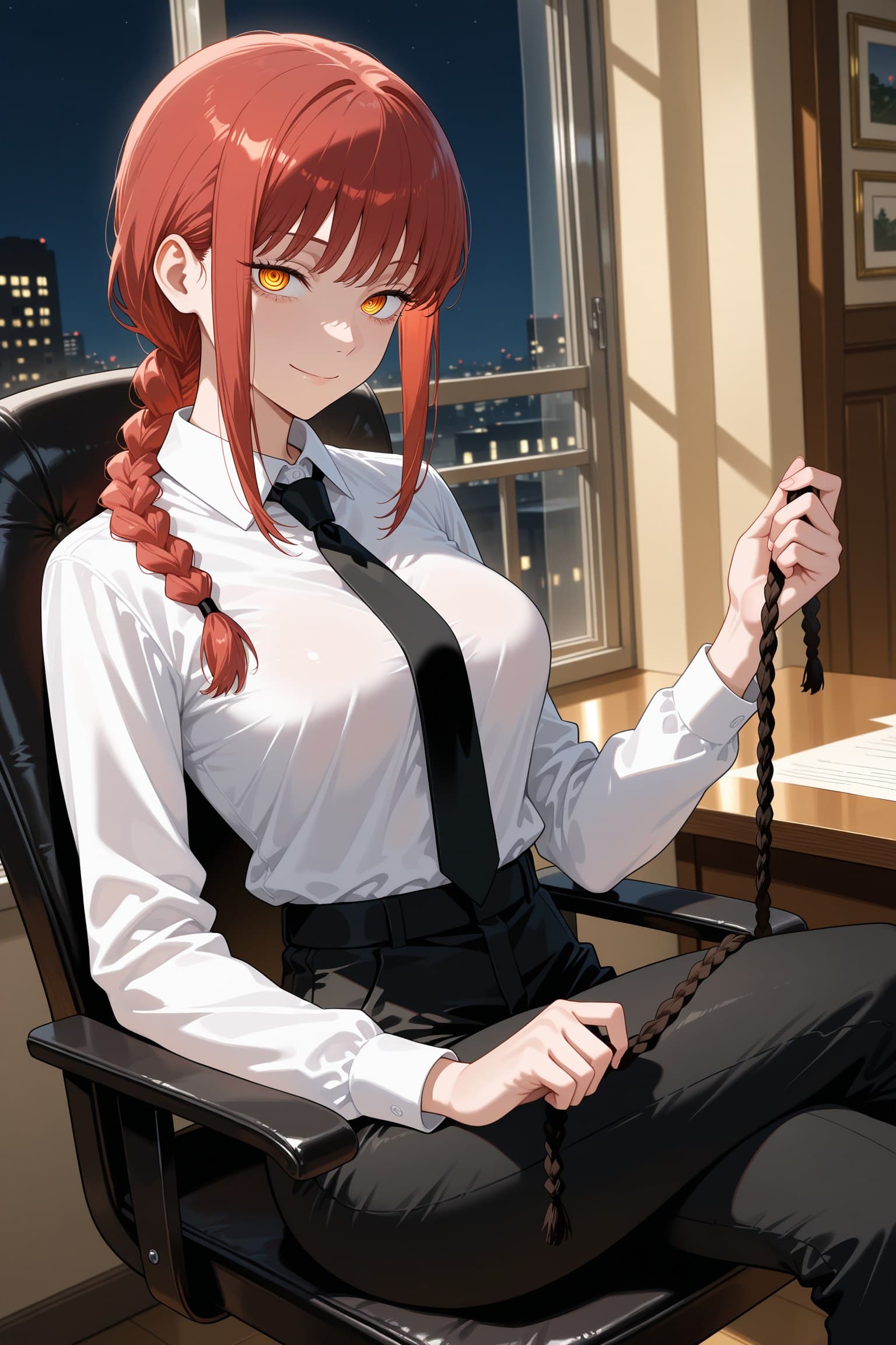Description:
A young woman with long, wavy red hair and glowing golden eyes sits in a black leather office chair, her legs spread wide. She wears a tight white button-up shirt and a black tie, with a thick, dark braid held loosely in her right hand, resting against her thigh. Her left hand grips the end of the braid, pulling it taut between her legs. The scene is set in a dimly lit room with a cityscape visible through a window behind her.
Text from image: