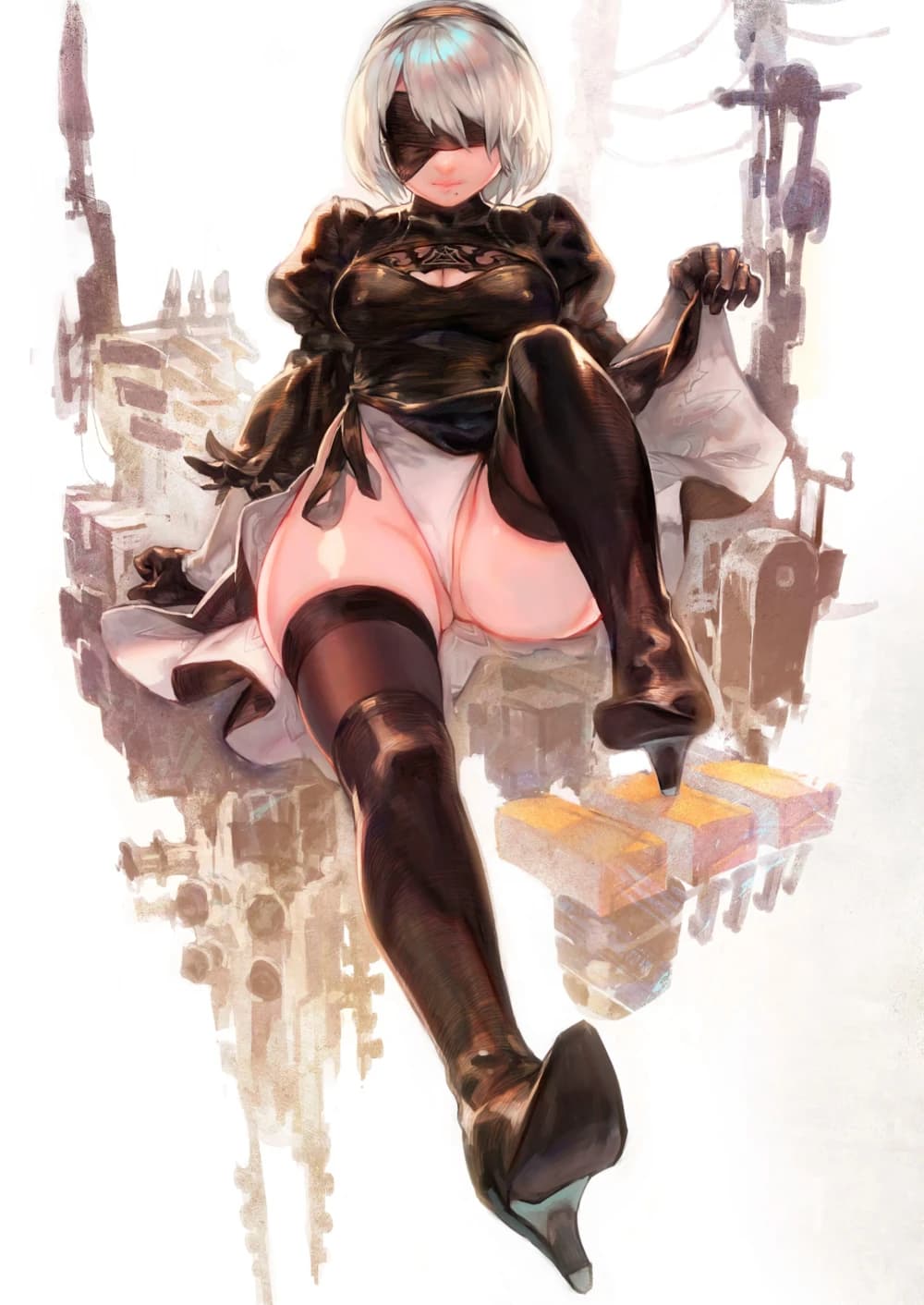Description:
A slender woman with short white hair and a blindfold is depicted in a provocative pose. She is wearing a revealing black outfit consisting of a cropped jacket, high-waisted bottoms with visible pubic hair, and thigh-high boots. Her legs are spread, showcasing her intimate area. The background is abstract and blurred, featuring hints of mechanical structures.
Text from image:
None