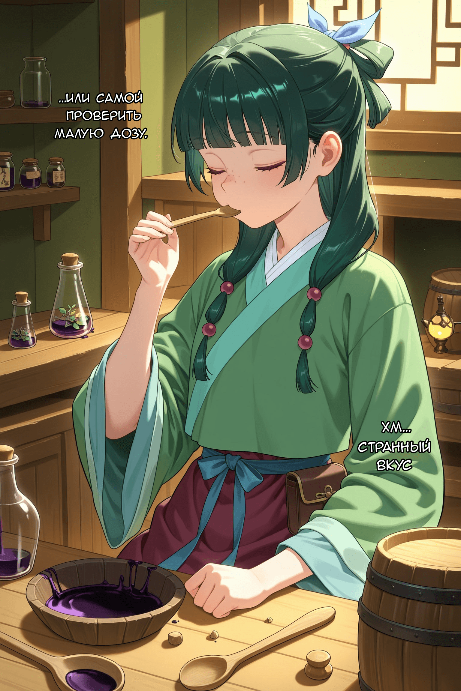 Description:
A young woman with long, dark green hair tied in two braids with pink beads is sitting at a wooden table, her eyes closed in a blissful expression as she licks a wooden spoon from her lips. She wears a loose-fitting, light green kimono-style top over a maroon undergarment, with a blue sash tied at her waist. In front of her is a wooden bowl filled with a thick, dripping purple liquid, suggesting she is tasting a potent potion or elixir. The scene is set in a warm, sunlit apothecary or kitchen, with shelves of glass vials and barrels in the background.
Text from image:
.Аи и CAмой провЕрить MO3.I M AY..
XM... СТРАННЫй BKYC