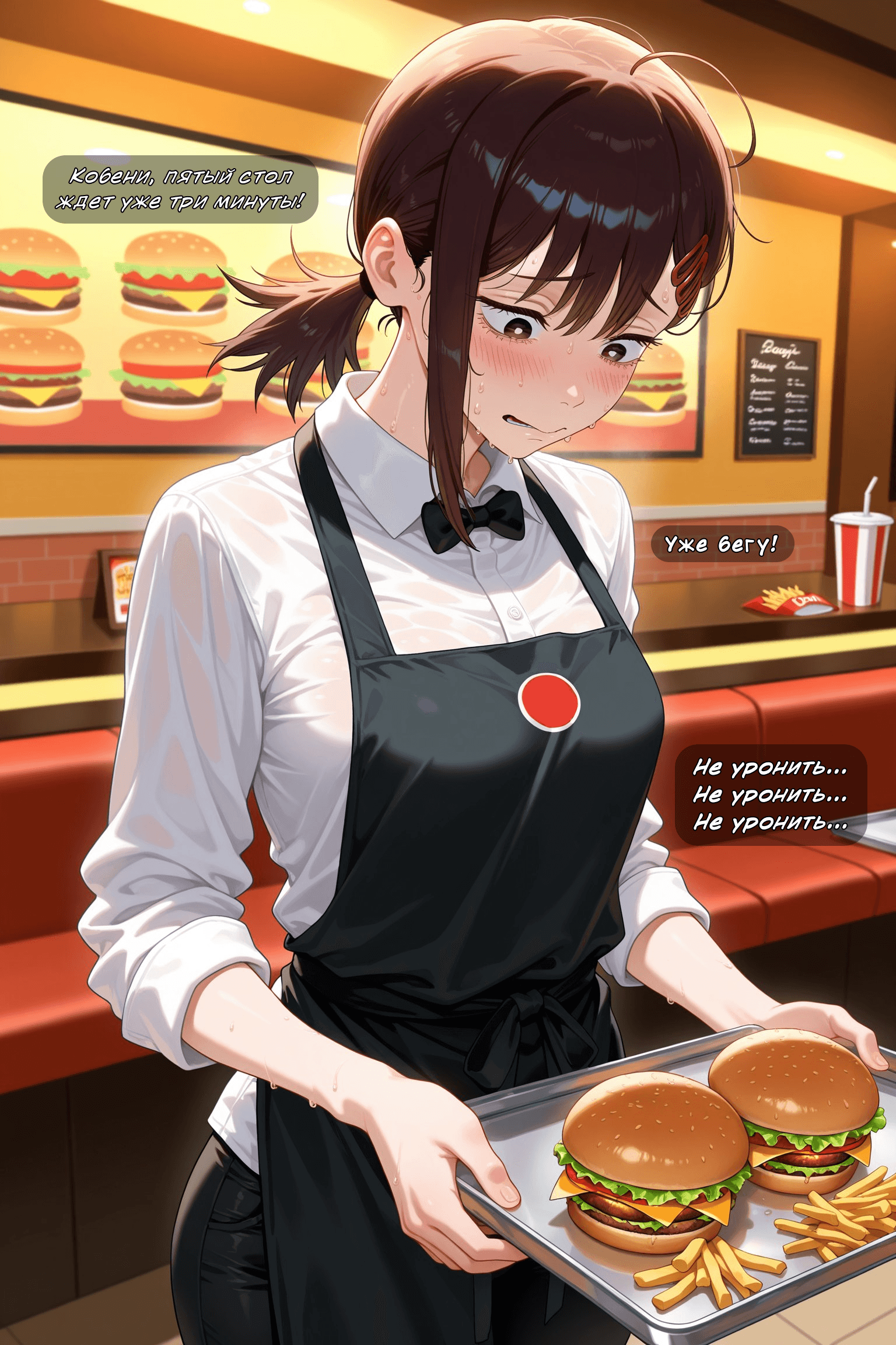 Description:
A young woman with brown hair tied back in a ponytail is depicted in a state of flustered, nervous exertion while working as a waitress in a fast-food restaurant. She wears a white button-up shirt, a black bow tie, and a black apron featuring a red circle logo. Her face is flushed with a deep blush, and beads of sweat are visible on her skin, particularly on her forehead and neck. She holds a metal tray with both hands, carrying two large burgers and a side of fries, her expression one of anxious concentration as she navigates the busy counter.
Text from image:
уже бегу!
Кобени, пятый стол ждет уже три минуты!
Не уронить... не уронить... Не уронить...