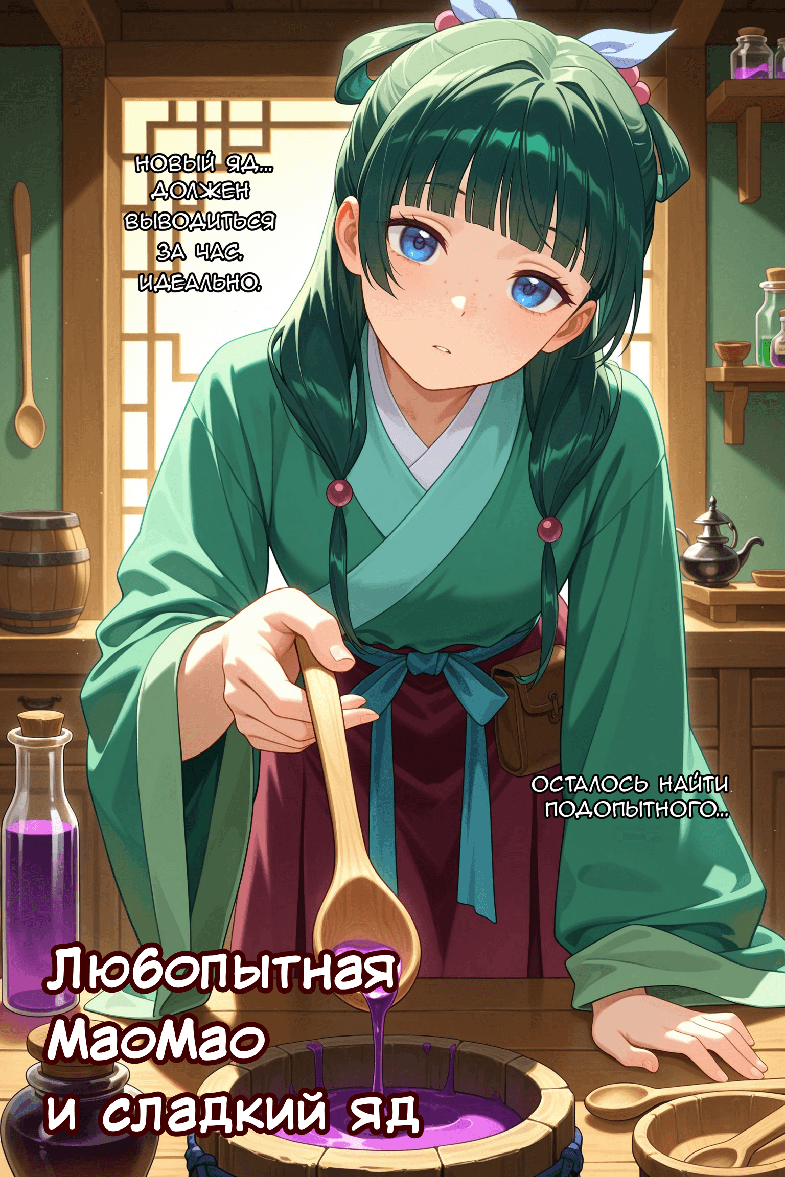Description:
A young woman with long, wavy green hair and large blue eyes is leaning forward over a wooden basin, her expression one of focused curiosity. She wears a loose-fitting, emerald-green robe tied at the waist with a teal sash, revealing a deep maroon undergarment that contrasts with the lighter fabric. Her right hand holds a large wooden ladle, dripping a thick, viscous stream of vibrant purple liquid into the basin below. The liquid pools in the basin, its surface shimmering with a magical glow. To her left, a glass bottle filled with the same purple potion sits on the table, while to her right, her left hand rests gently on the wood. In the background, shelves hold various apothecary jars and a teapot, suggesting a well-stocked alchemy room. The lighting is warm and soft, highlighting the sheen of her hair and the rich colors of the potion.
Text from image:
Новый яд... должен выводиться за час полностью.
Осталось ещё пять попыток...
Любопытная
Маомао и сладкий яд