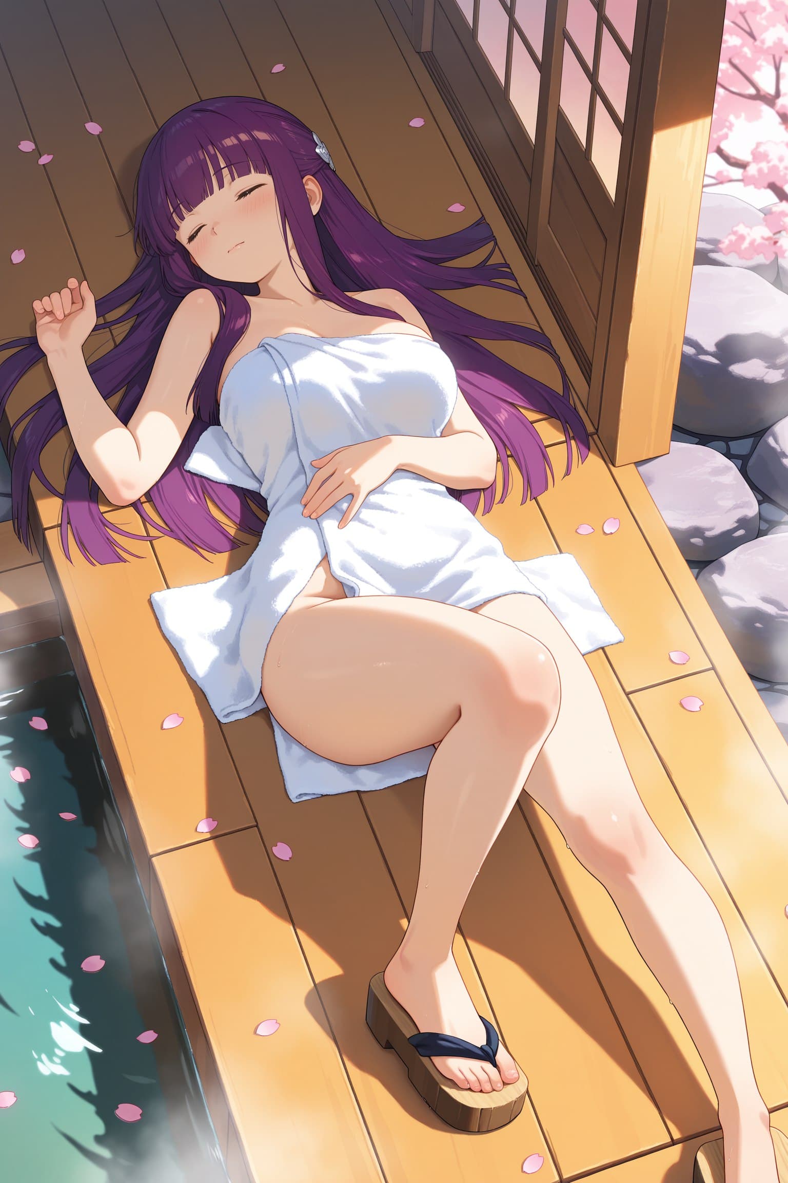 Description:
A young woman with long, flowing purple hair lies on her back on a wooden deck beside a pool of water, her eyes closed in a state of relaxed bliss. She is wrapped in a white towel that is pulled up to her chest but slips down to expose her smooth, pale thighs and the curve of her hip. Her left leg is bent at the knee, resting on the wood, while her right leg extends straight out, ending in a thick-soled wooden geta sandal. Pink cherry blossom petals are scattered across the deck and her hair, and she wears a contented, slightly flushed expression.
Text from image: