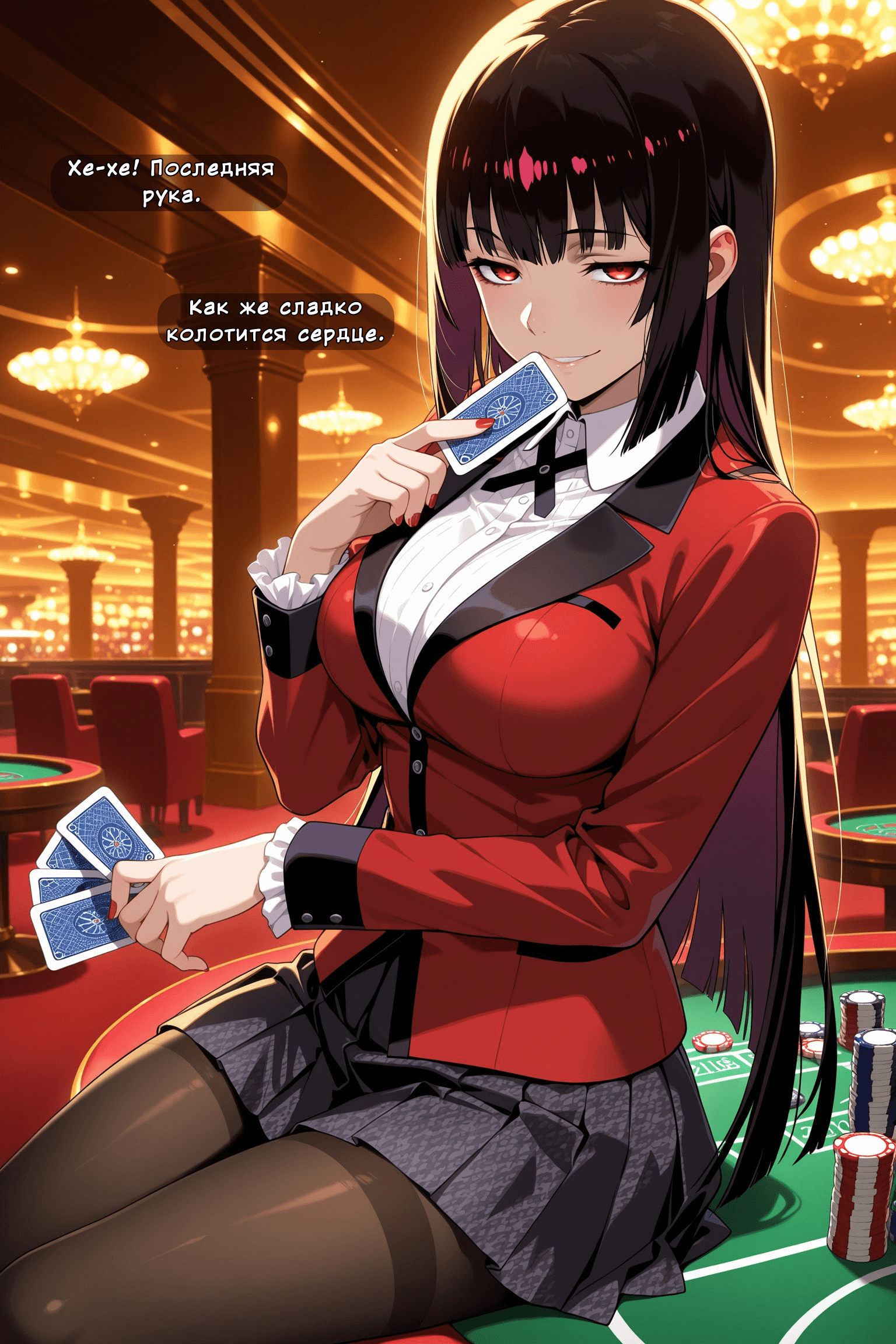 Description:
A young woman with long, black hair and striking red eyes sits at a green felt casino table, her expression a mix of playful confidence and seductive allure. She wears a form-fitting red blazer with black lapels over a white, ruffled blouse, which is unbuttoned to reveal the deep cleavage of her chest. Her hands, adorned with red nail polish, delicately hold a fan of blue-backed playing cards, one card held up to her lips as if savoring its taste. She wears a short, pleated grey skirt and sheer black thigh-high stockings that hug her legs. The warm, golden glow of the casino lights reflects off her skin, and Russian text bubbles float near her head, hinting at her inner thoughts.
Text from image:
Xe-хe! Последняя рука.
Как же сладко колотится сердце.